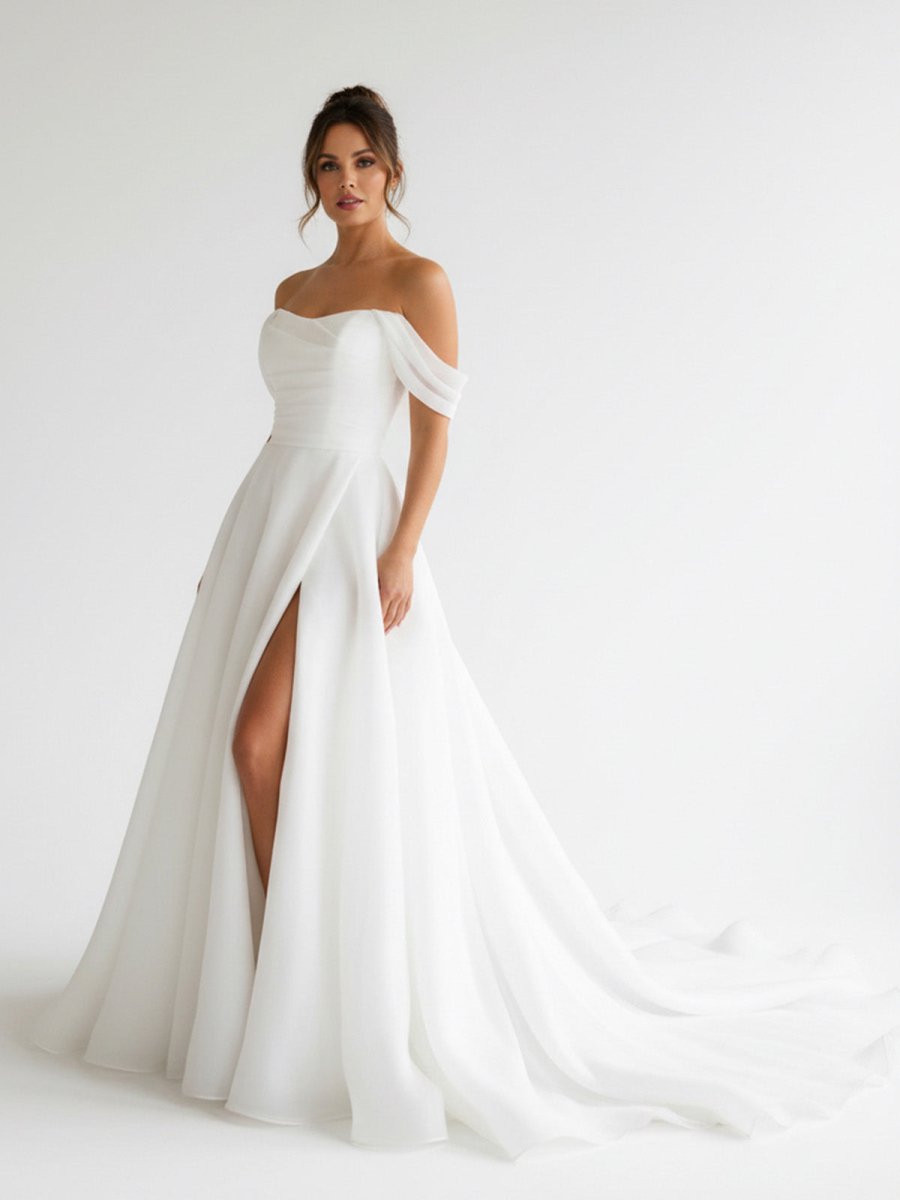 KissDress-Elegant White Off-the-Shoulder Long Wedding Dress with Slit