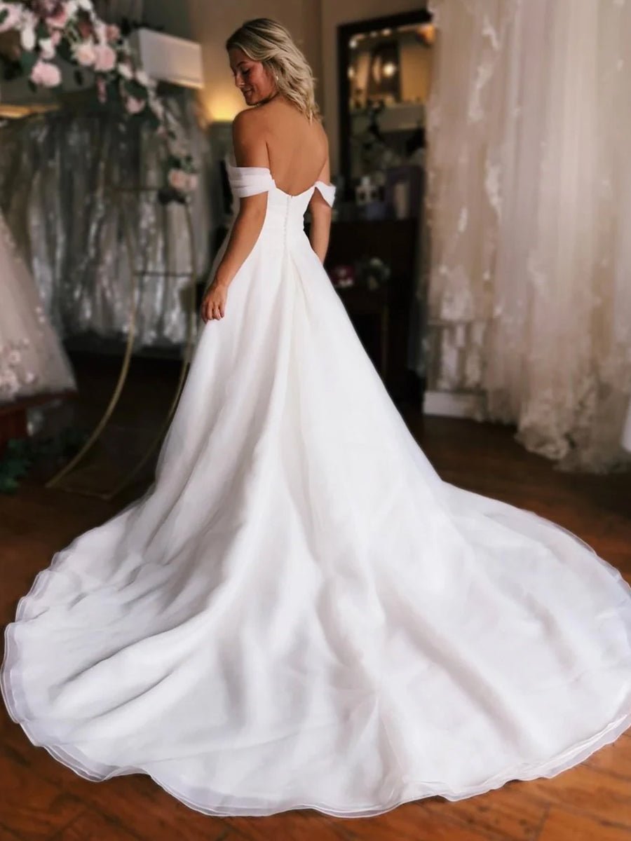 KissDress-Elegant White Off-the-Shoulder Long Wedding Dress with Slit