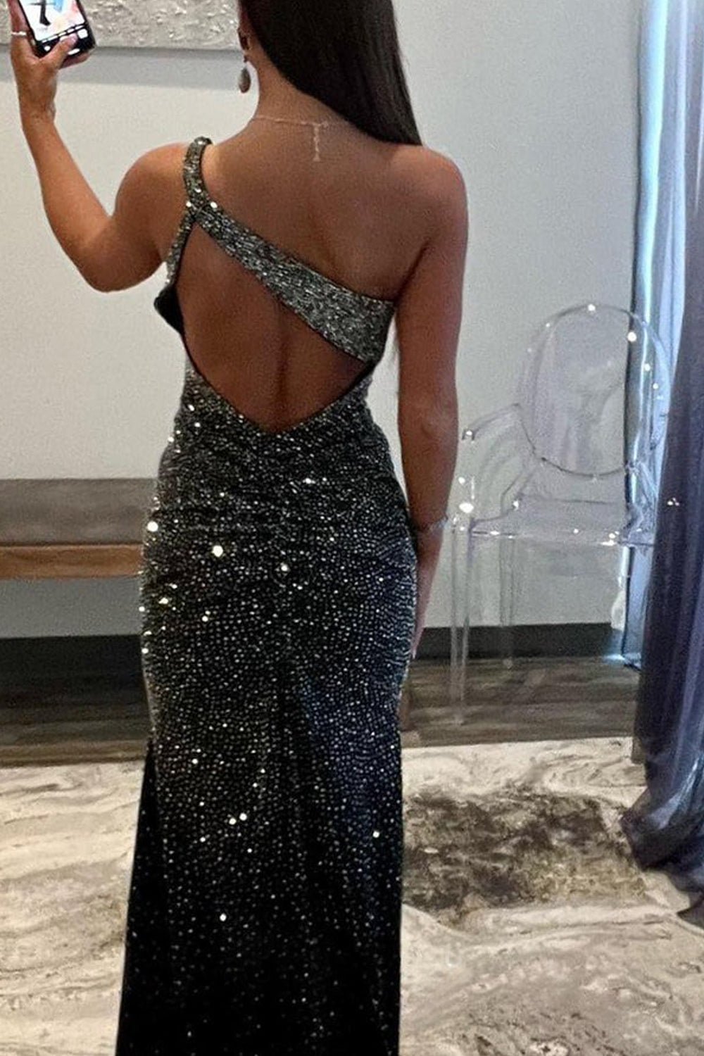 Black One Shoulder Sheath Beaded Prom Dress With Split