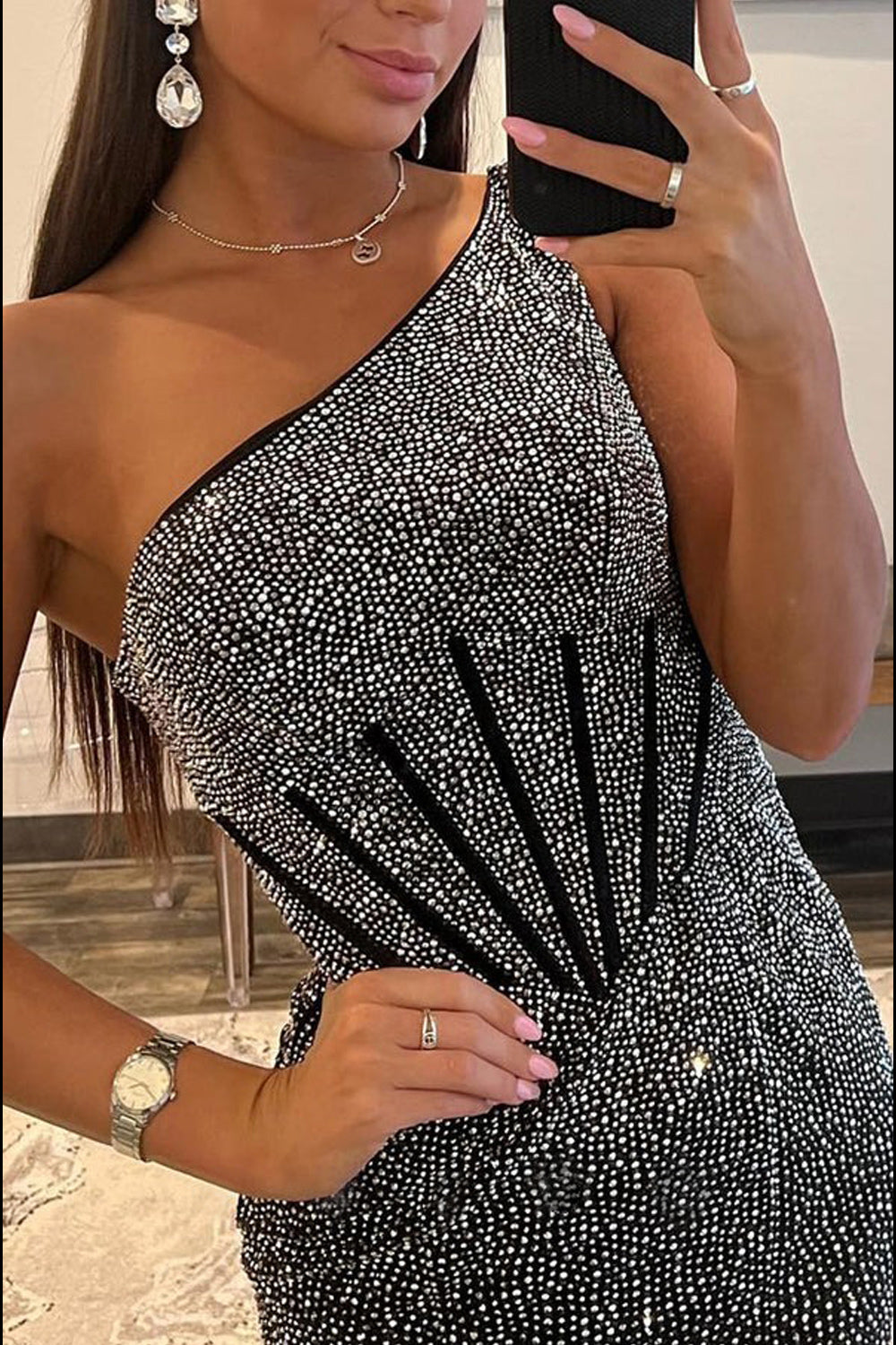 Black One Shoulder Sheath Beaded Prom Dress With Split