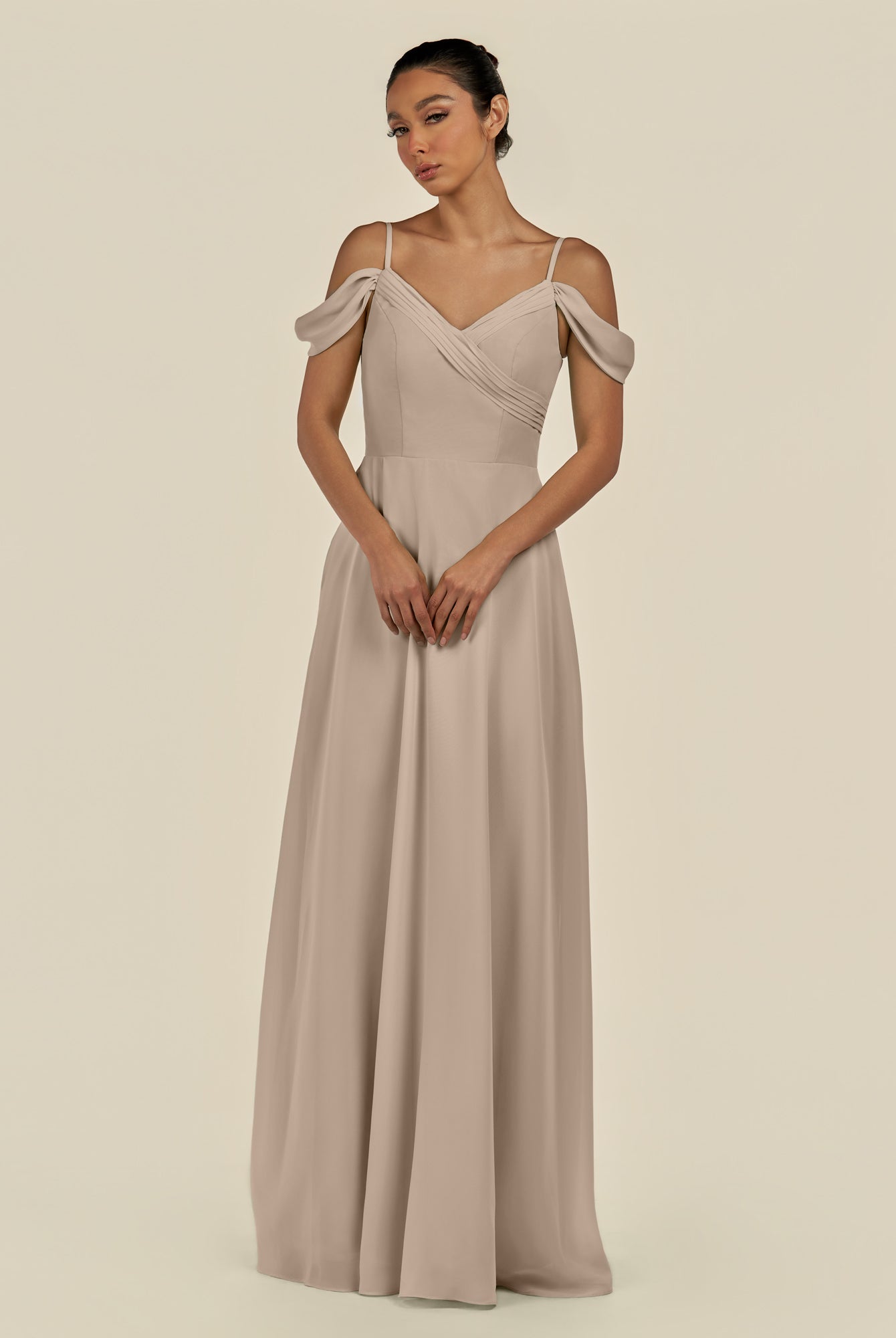 KissDress-Elvani Almond A Line Chiffon Off the Shoulder Long Bridesmaid Dress with Pleats