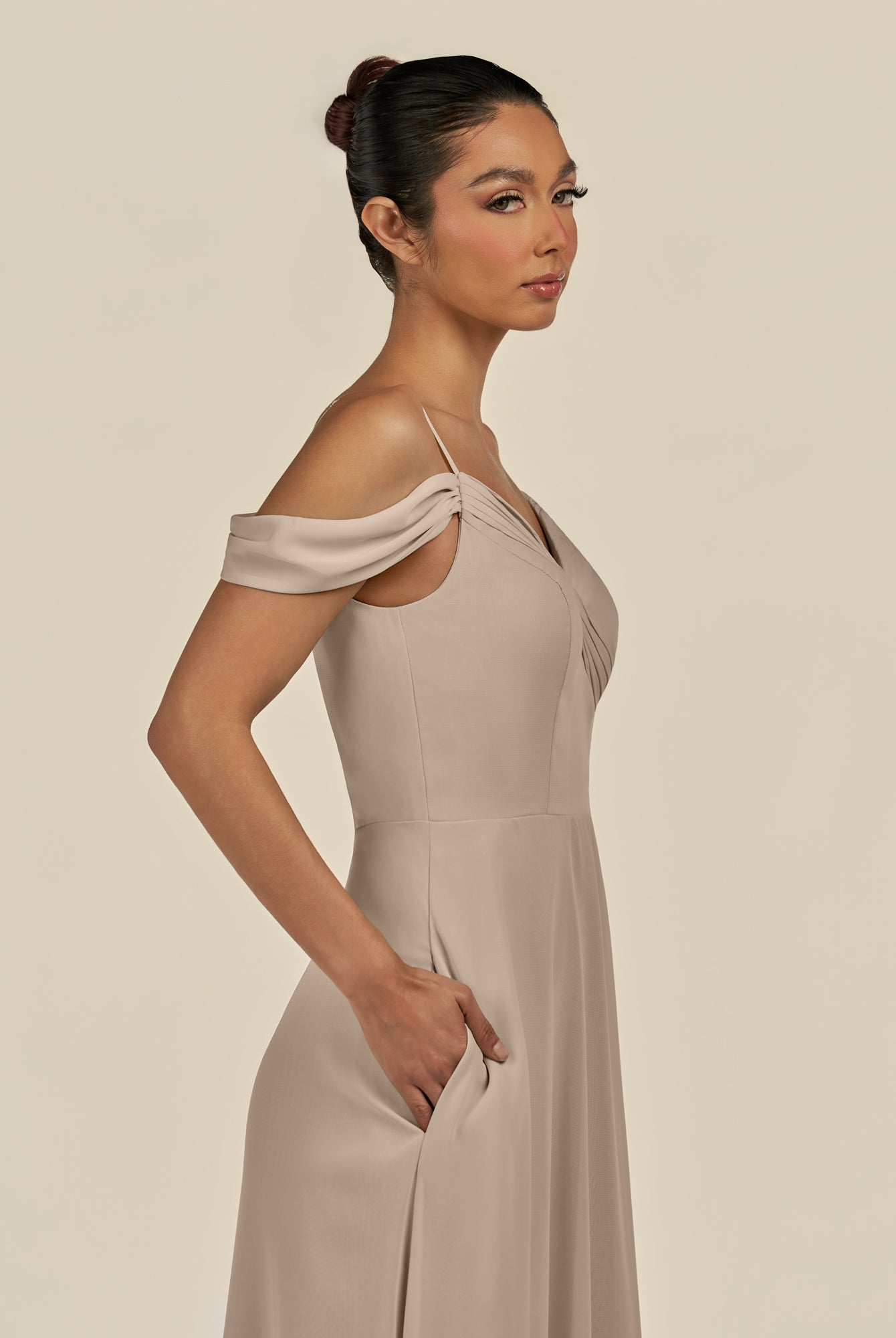 KissDress-Elvani Almond A Line Chiffon Off the Shoulder Long Bridesmaid Dress with Pleats