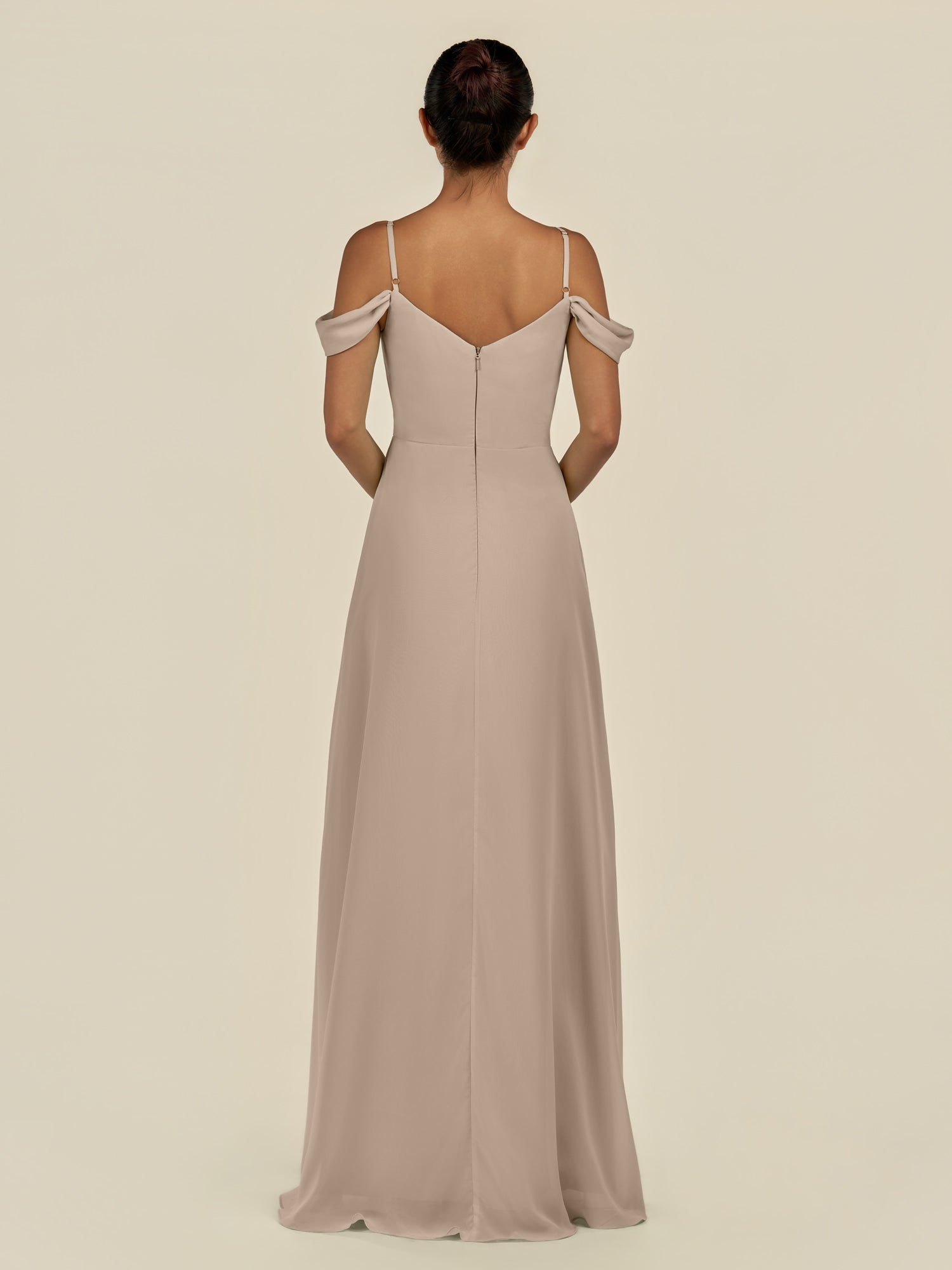 KissDress-Elvani Almond A Line Chiffon Off the Shoulder Long Bridesmaid Dress with Pleats