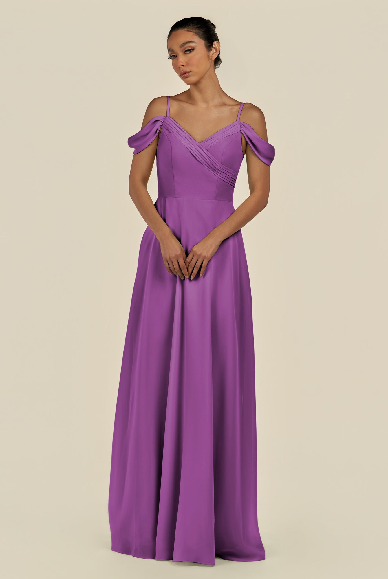 KissDress-Elvani Amethyst A Line Chiffon Off the Shoulder Long Bridesmaid Dress with Pleats