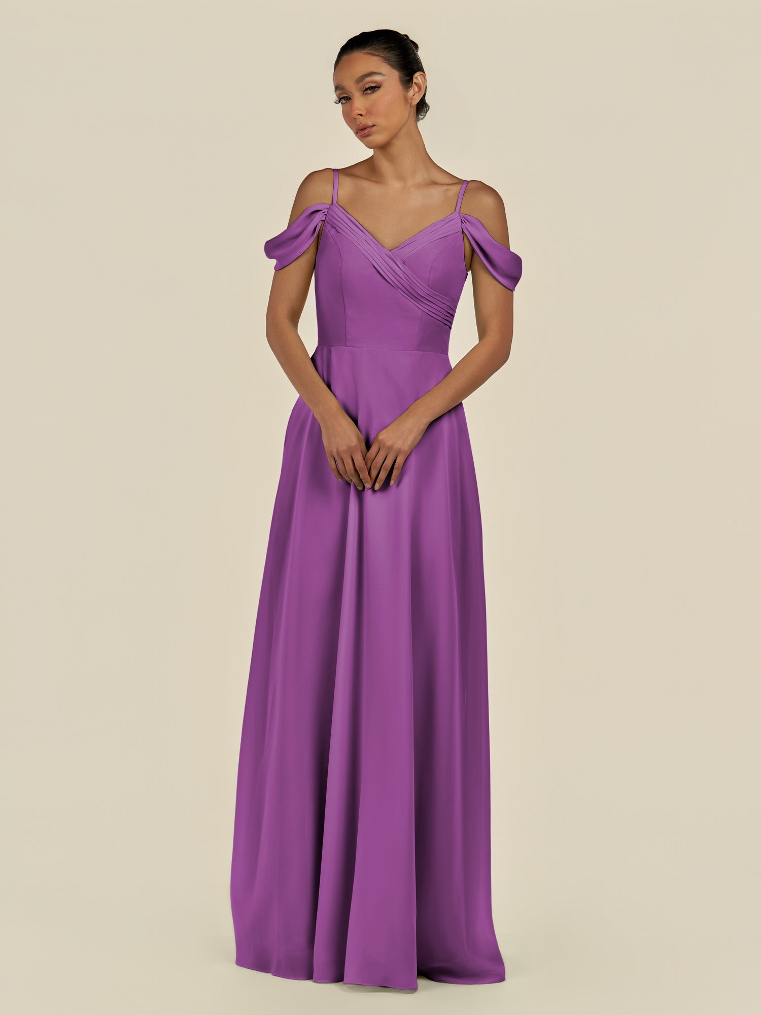 KissDress-Elvani Amethyst A Line Chiffon Off the Shoulder Long Bridesmaid Dress with Pleats