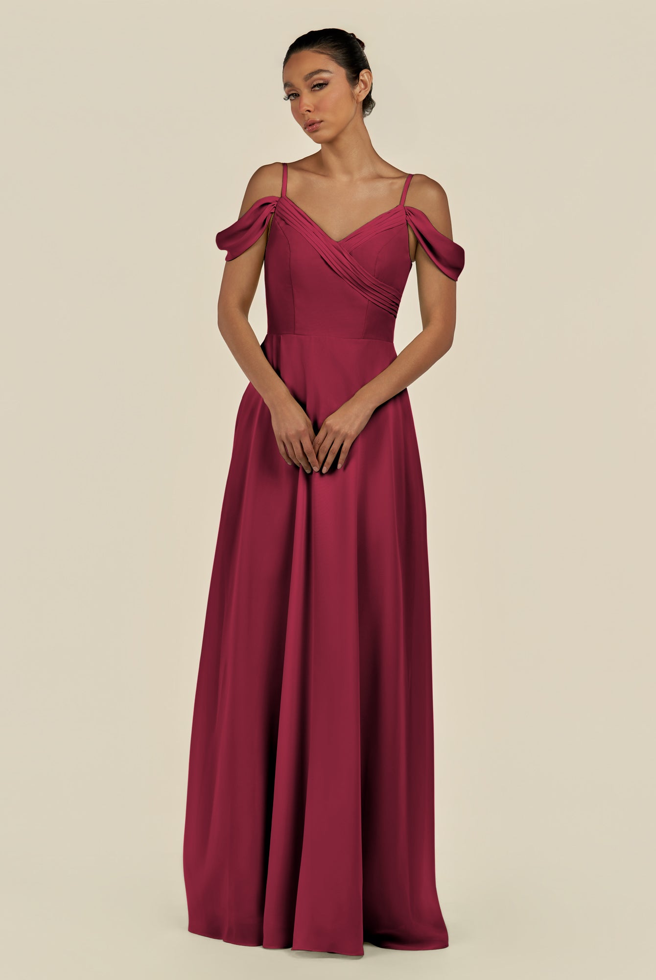 KissDress-Elvani Berry A Line Chiffon Off the Shoulder Long Bridesmaid Dress with Pleats