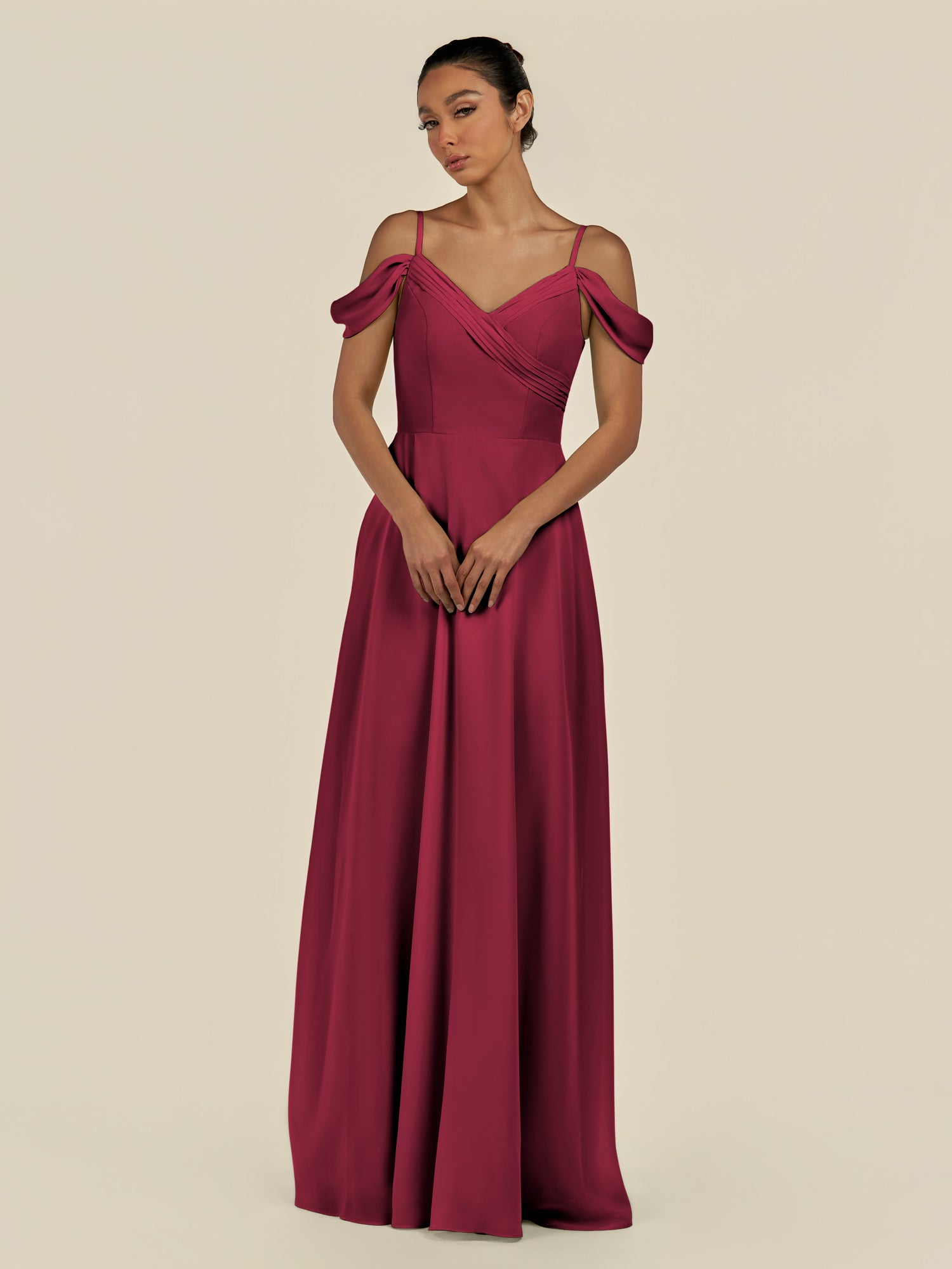 KissDress-Elvani Berry A Line Chiffon Off the Shoulder Long Bridesmaid Dress with Pleats