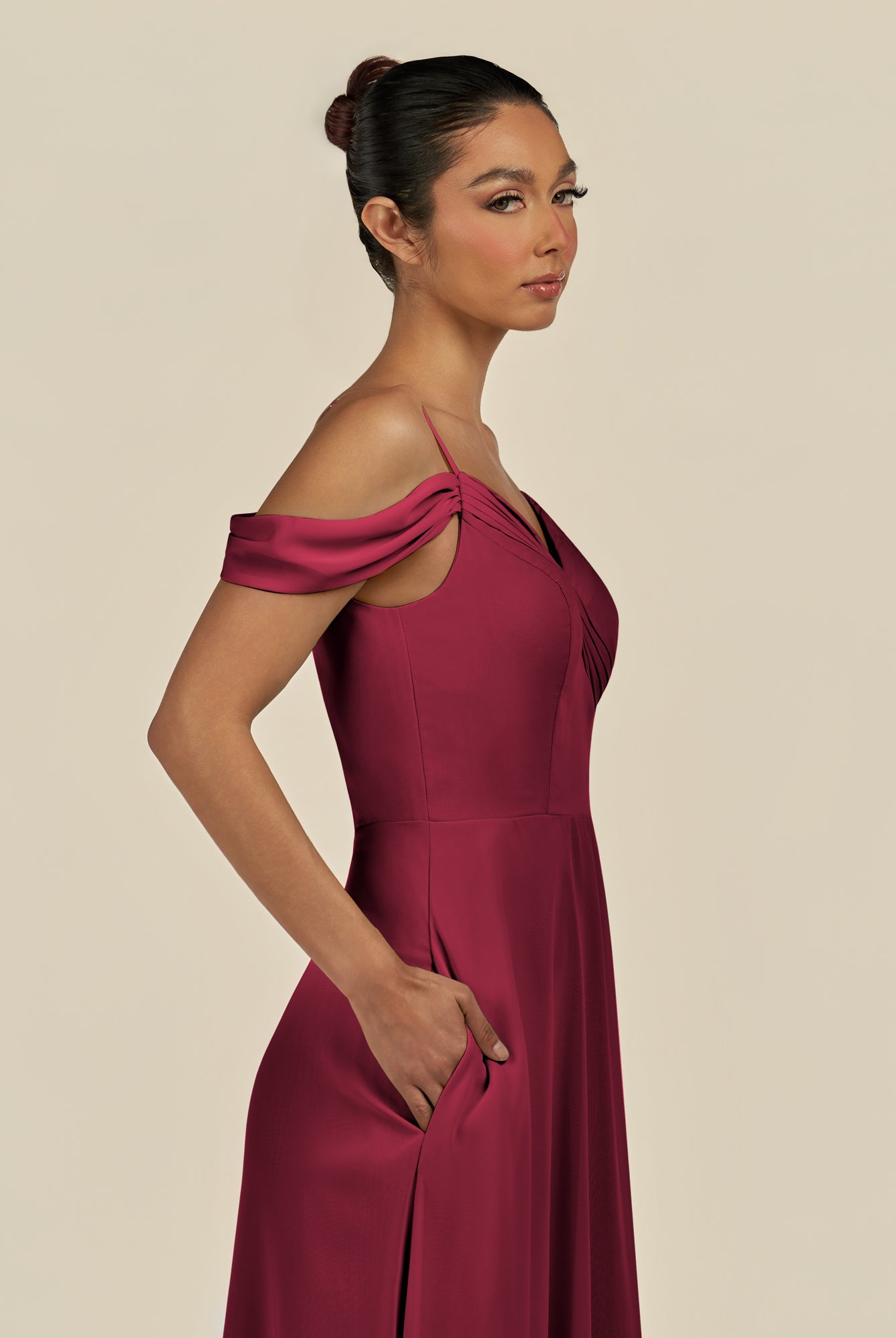 KissDress-Elvani Berry A Line Chiffon Off the Shoulder Long Bridesmaid Dress with Pleats