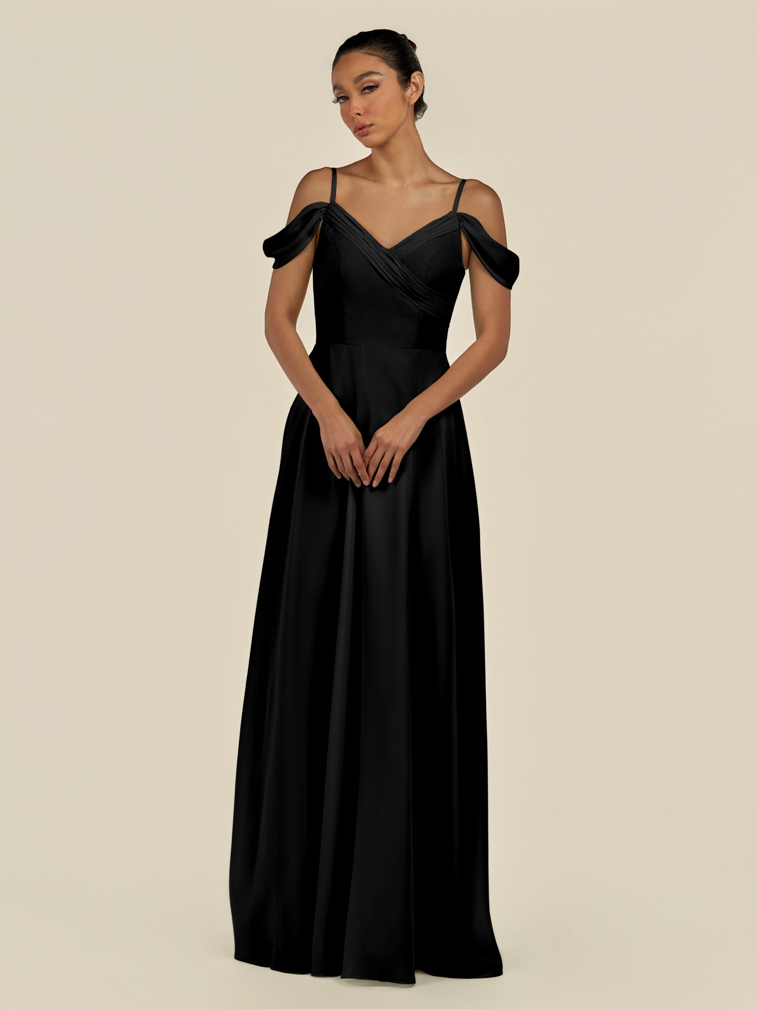 KissDress-Elvani Black A Line Chiffon Off the Shoulder Long Bridesmaid Dress with Pleats