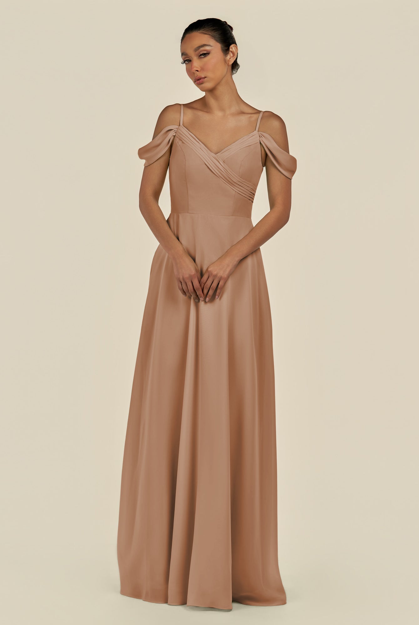 KissDress-Elvani Bronzer A Line Chiffon Off the Shoulder Long Bridesmaid Dress with Pleats