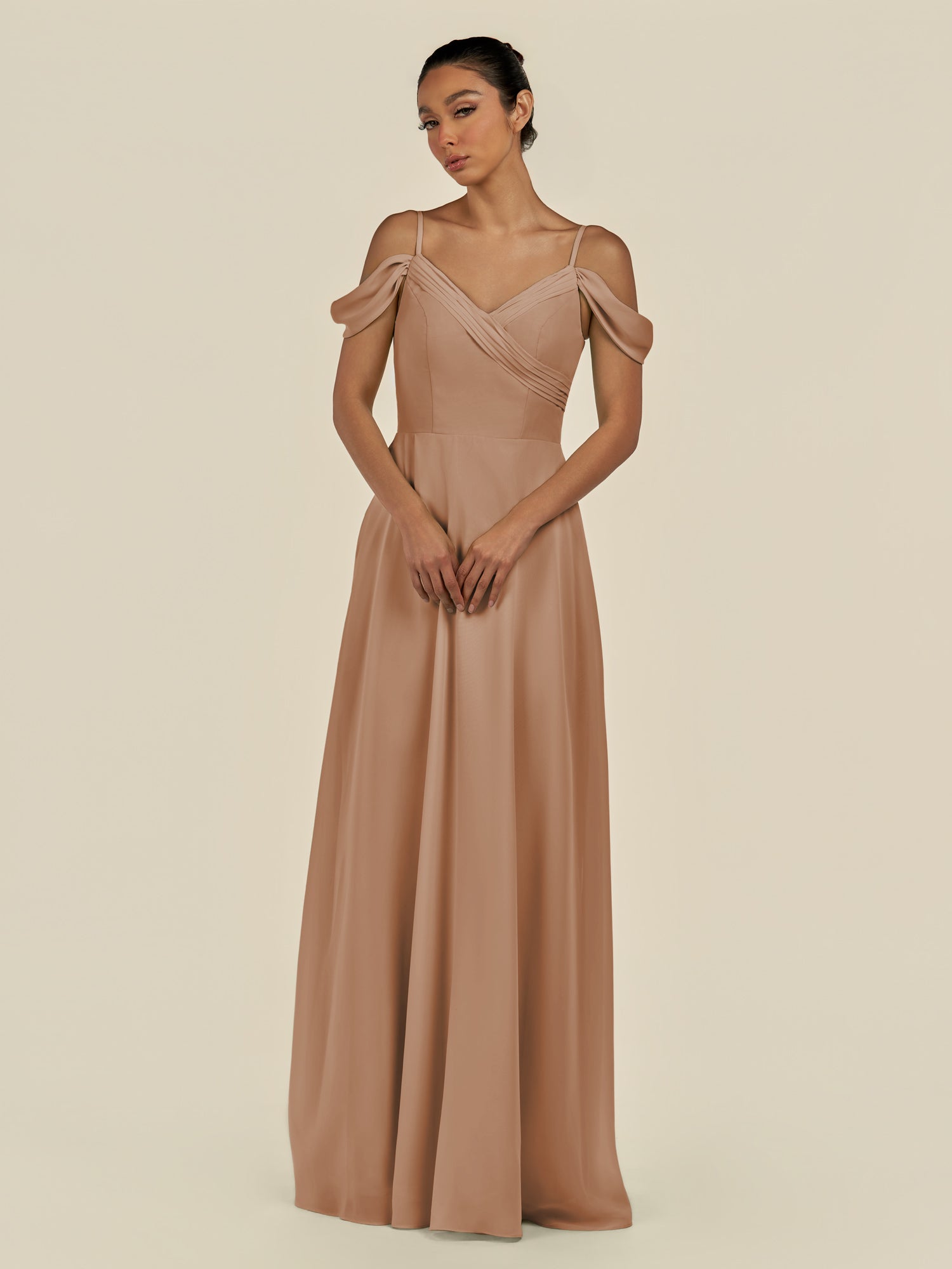 KissDress-Elvani Bronzer A Line Chiffon Off the Shoulder Long Bridesmaid Dress with Pleats