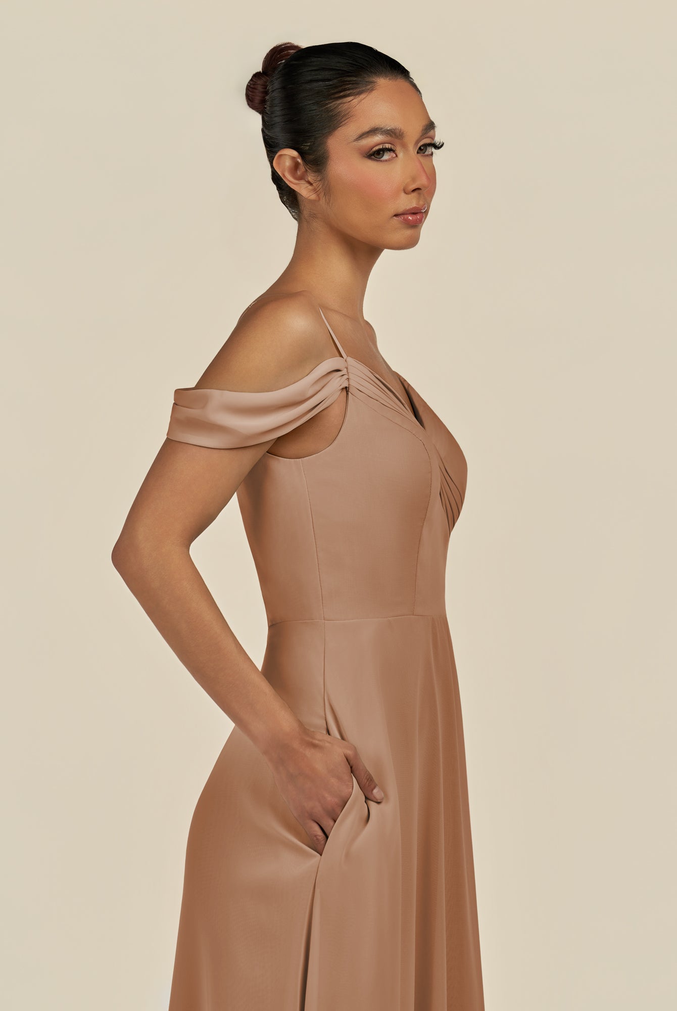 KissDress-Elvani Bronzer A Line Chiffon Off the Shoulder Long Bridesmaid Dress with Pleats