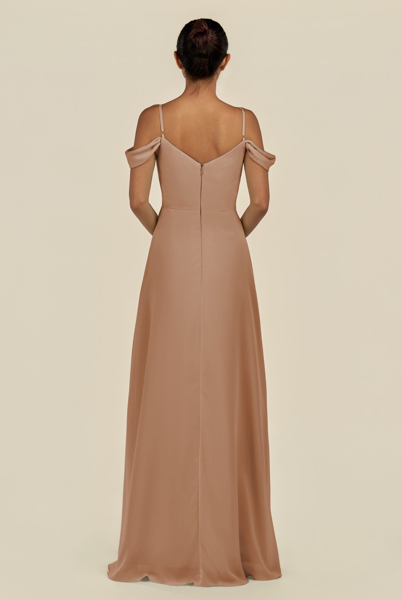 KissDress-Elvani Bronzer A Line Chiffon Off the Shoulder Long Bridesmaid Dress with Pleats