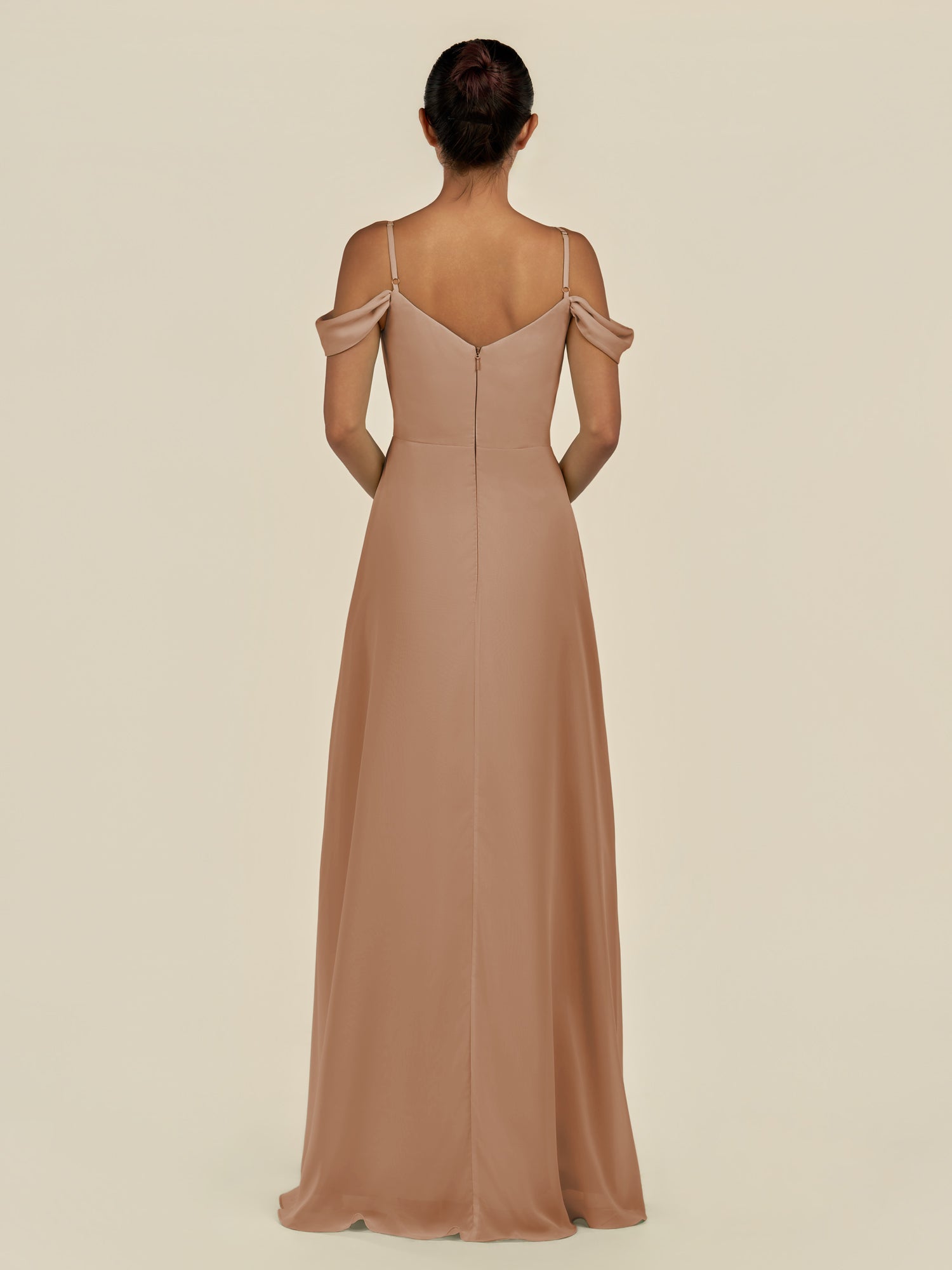 KissDress-Elvani Bronzer A Line Chiffon Off the Shoulder Long Bridesmaid Dress with Pleats