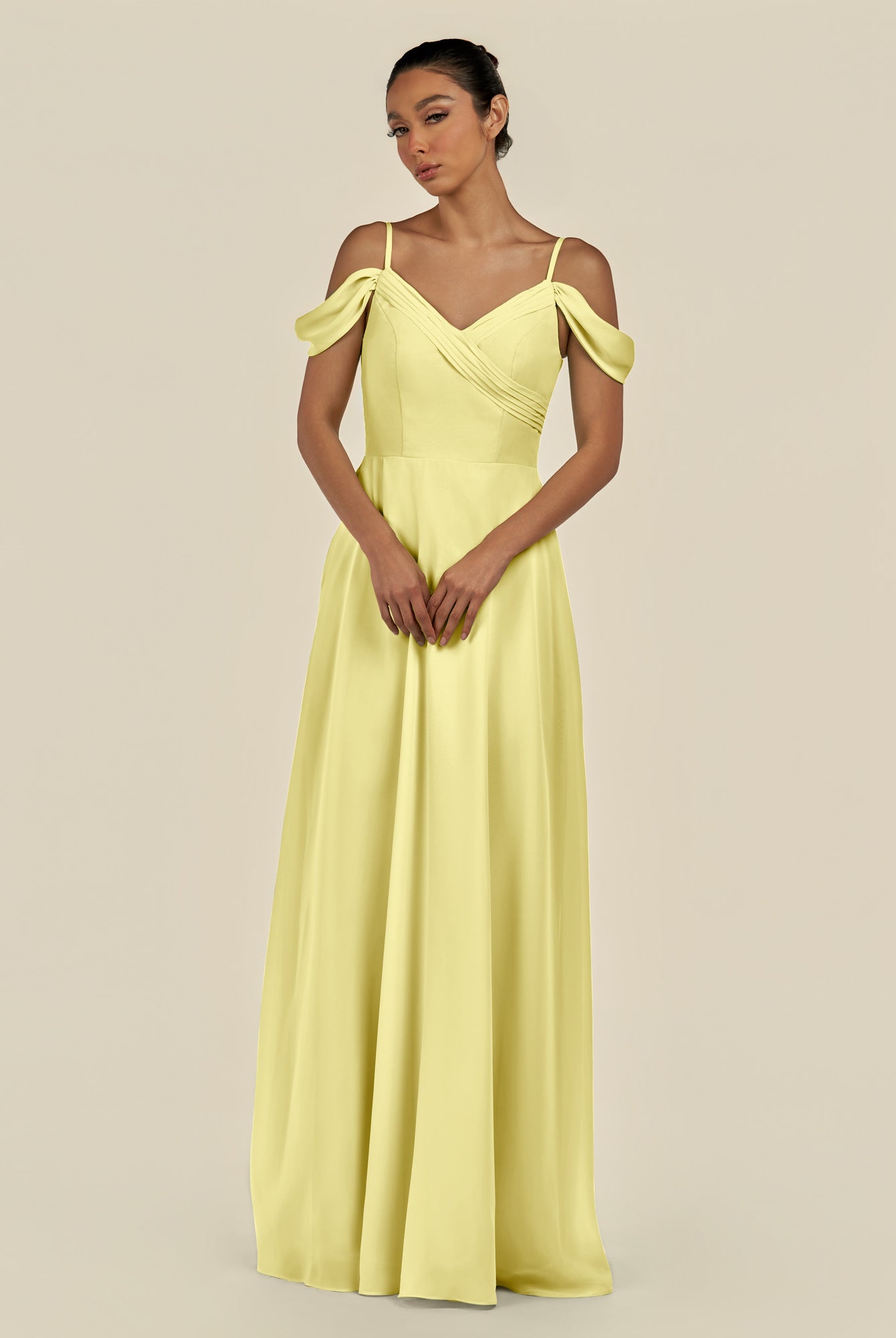 KissDress-Elvani Buttercup A Line Chiffon Off the Shoulder Long Bridesmaid Dress with Pleats