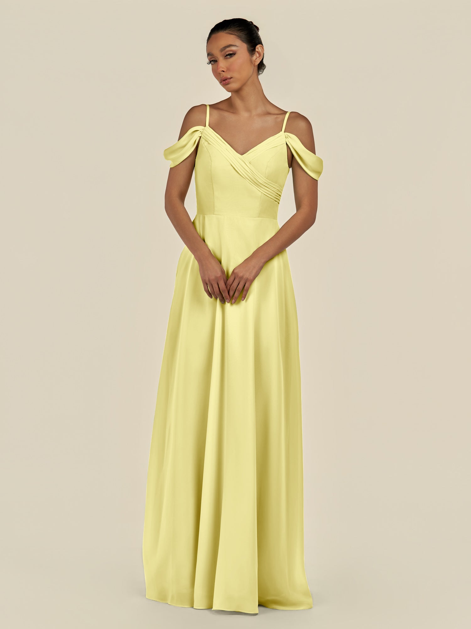 KissDress-Elvani Buttercup A Line Chiffon Off the Shoulder Long Bridesmaid Dress with Pleats