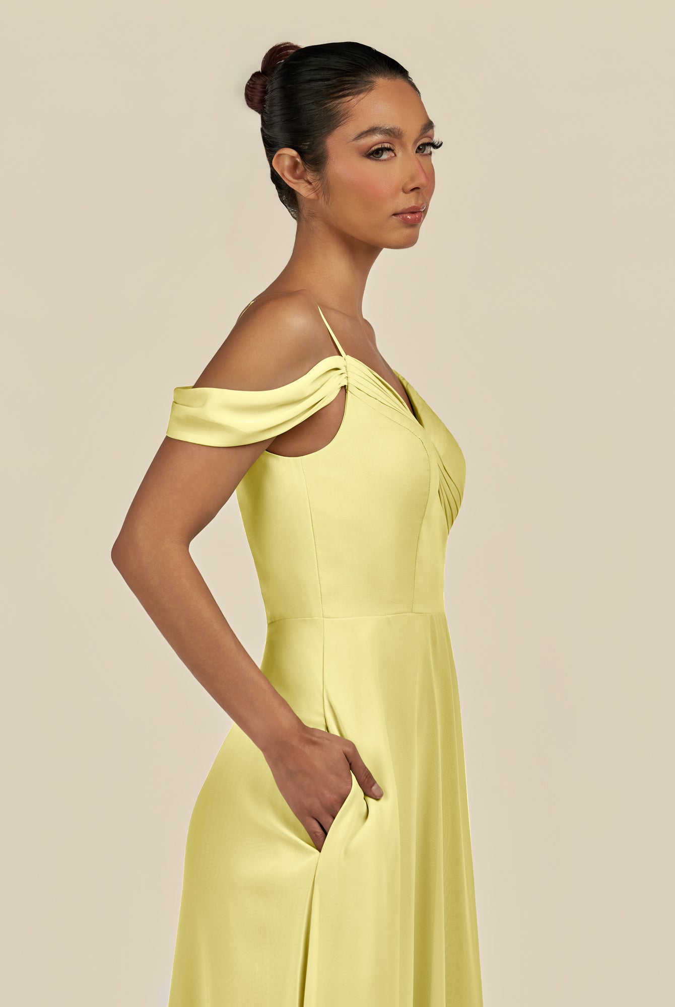 KissDress-Elvani Buttercup A Line Chiffon Off the Shoulder Long Bridesmaid Dress with Pleats
