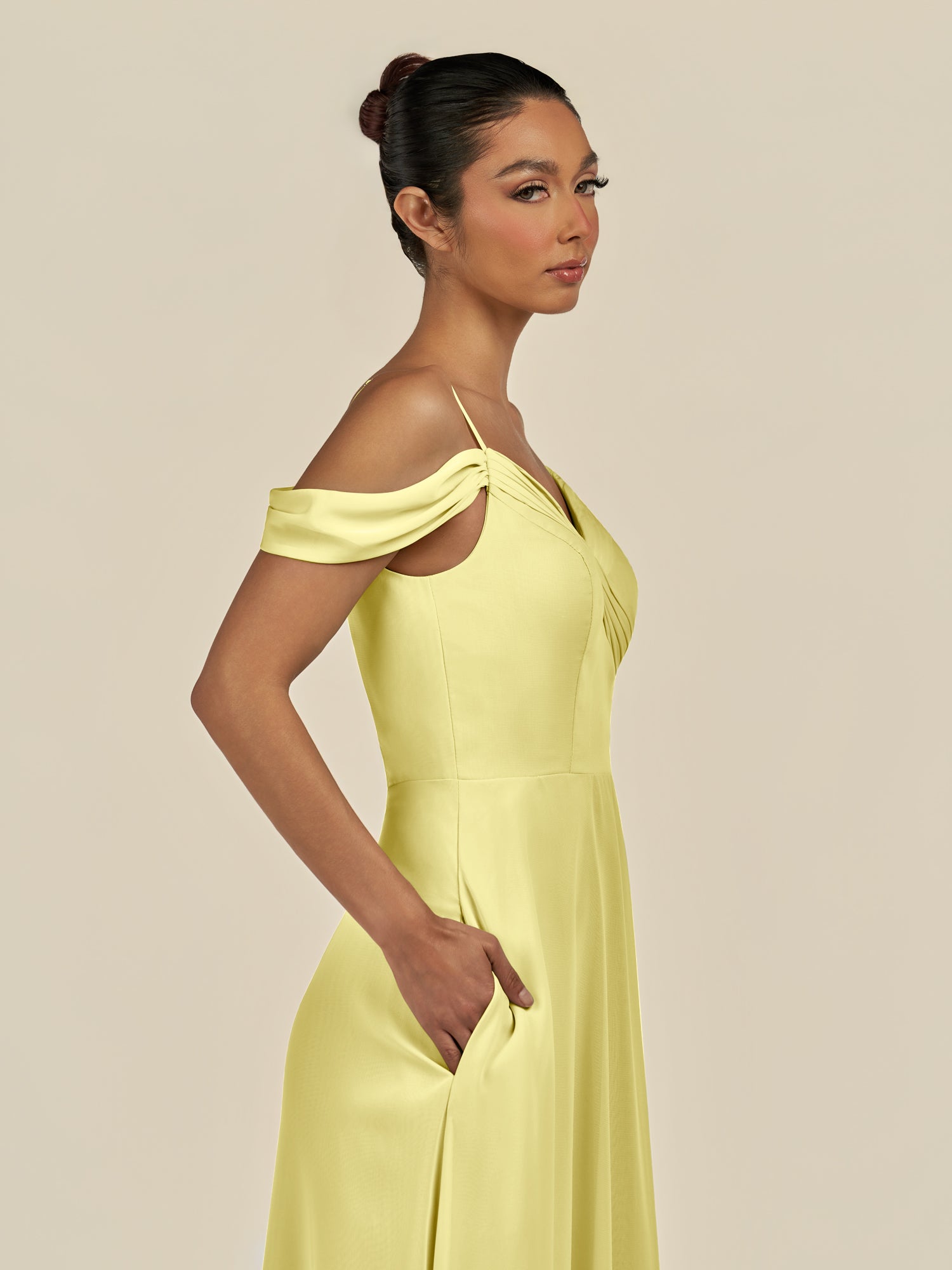 KissDress-Elvani Buttercup A Line Chiffon Off the Shoulder Long Bridesmaid Dress with Pleats
