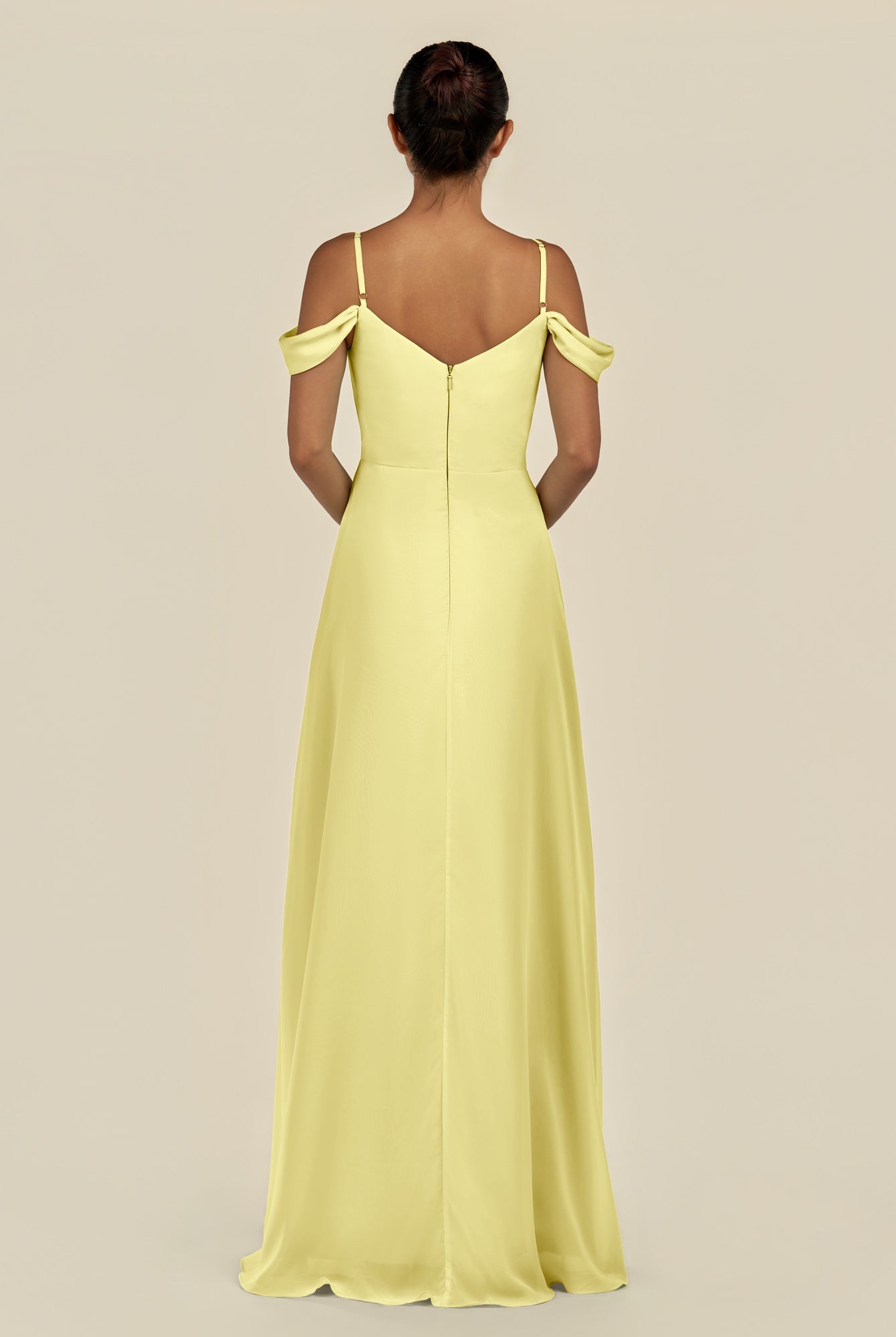 KissDress-Elvani Buttercup A Line Chiffon Off the Shoulder Long Bridesmaid Dress with Pleats