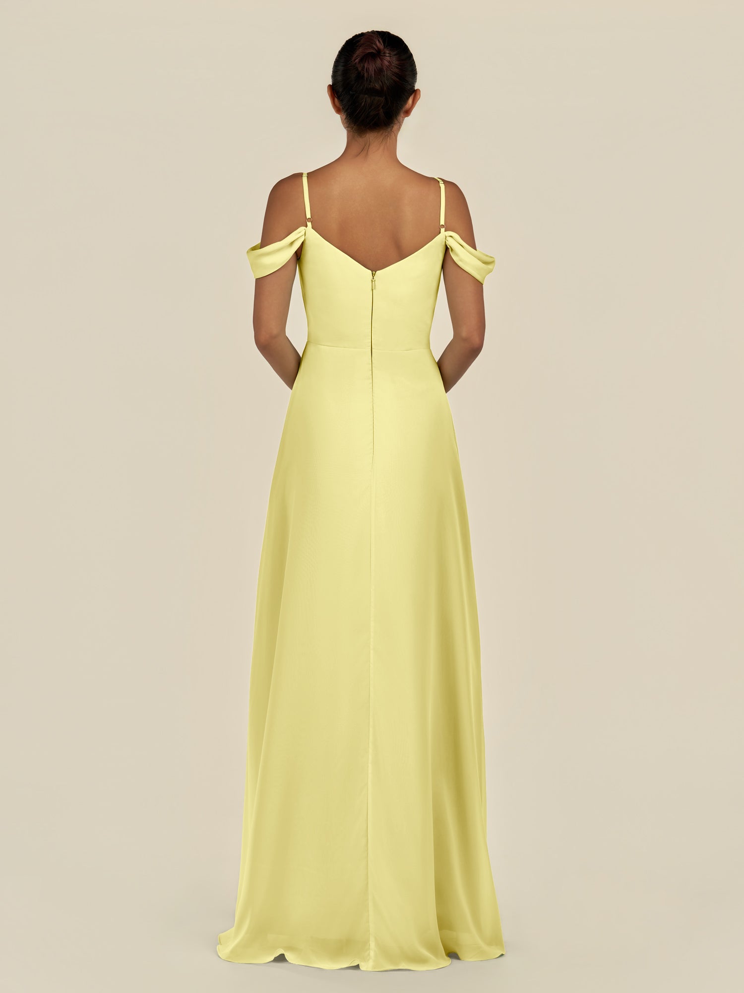 KissDress-Elvani Buttercup A Line Chiffon Off the Shoulder Long Bridesmaid Dress with Pleats