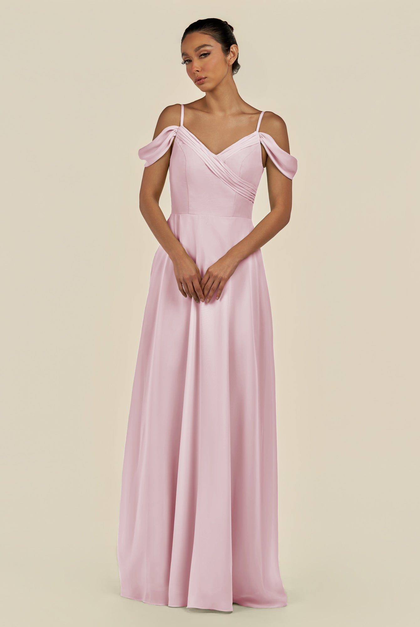 KissDress-Elvani Candy Pink A Line Chiffon Off the Shoulder Long Bridesmaid Dress with Pleats