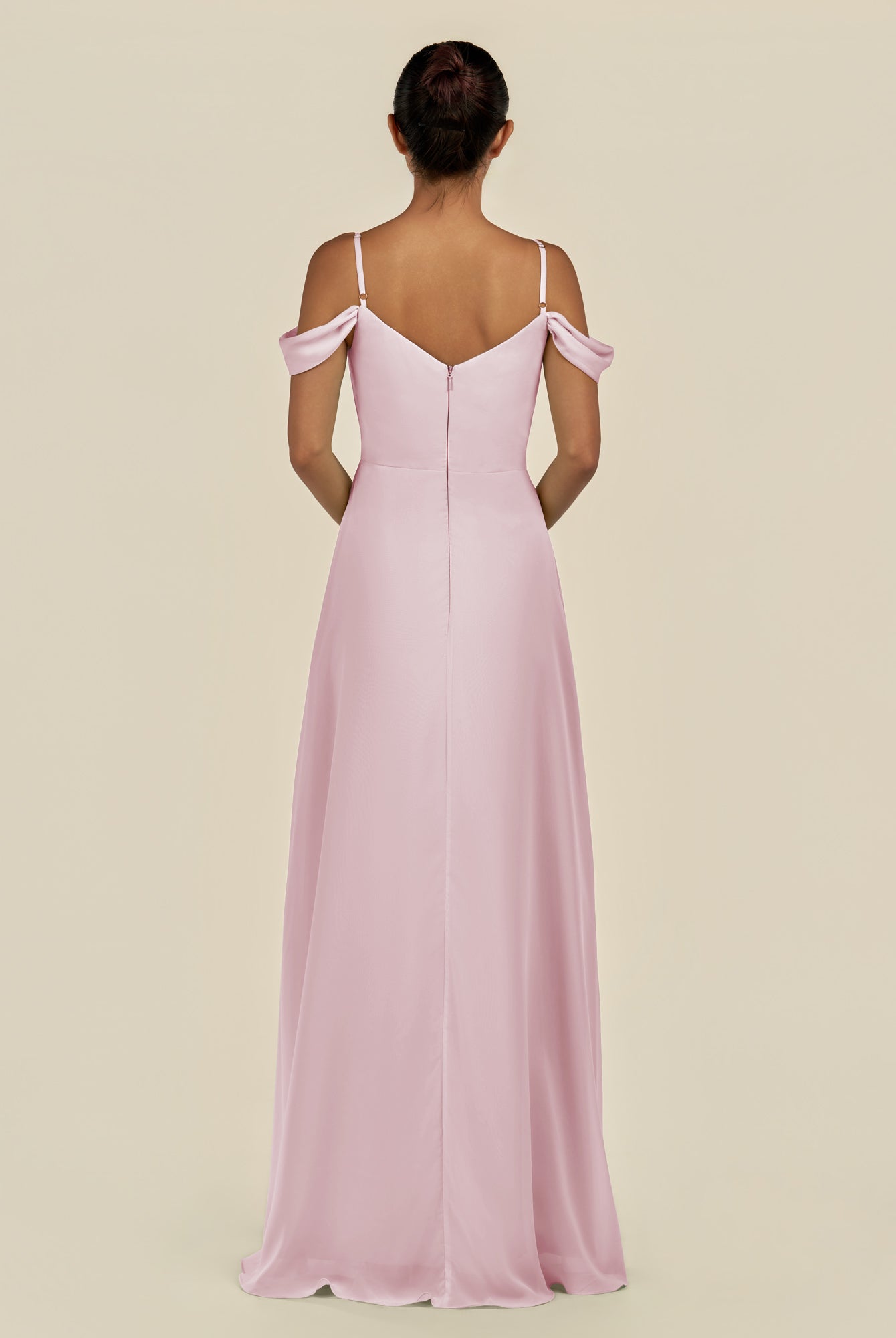 KissDress-Elvani Candy Pink A Line Chiffon Off the Shoulder Long Bridesmaid Dress with Pleats