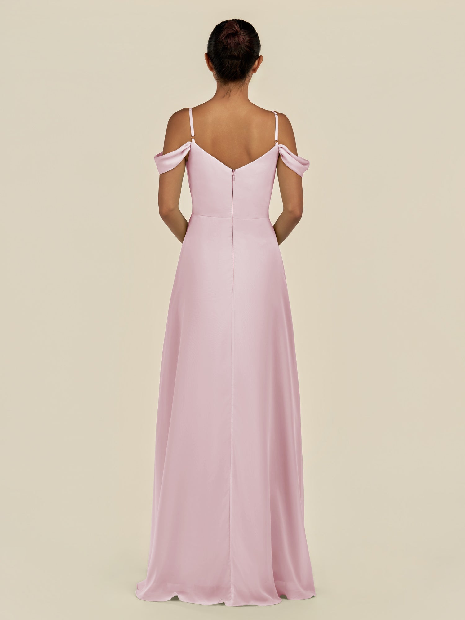 KissDress-Elvani Candy Pink A Line Chiffon Off the Shoulder Long Bridesmaid Dress with Pleats