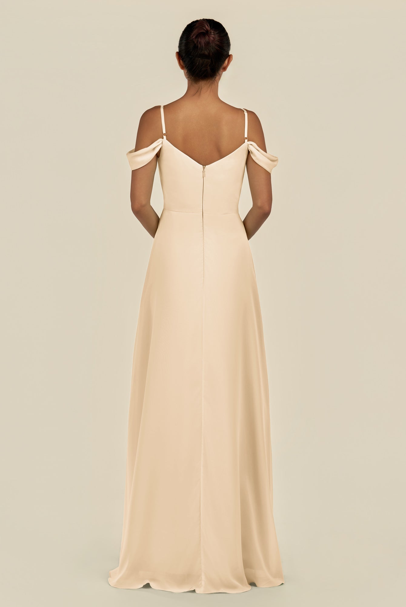 KissDress-Elvani Champagne A Line Chiffon Off the Shoulder Long Bridesmaid Dress with Pleats
