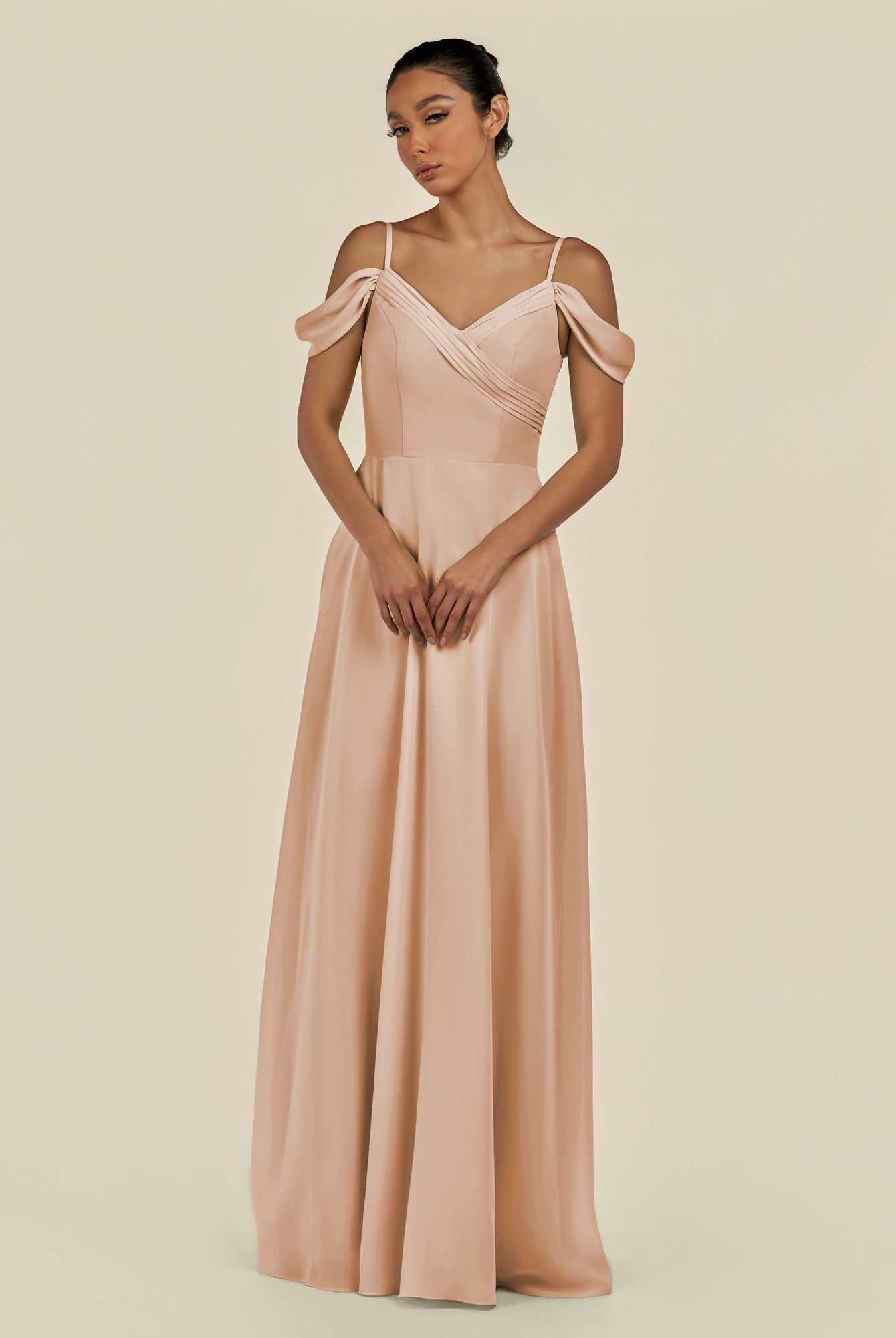 KissDress-Elvani Champagne Rose A Line Chiffon Off the Shoulder Long Bridesmaid Dress with Pleats