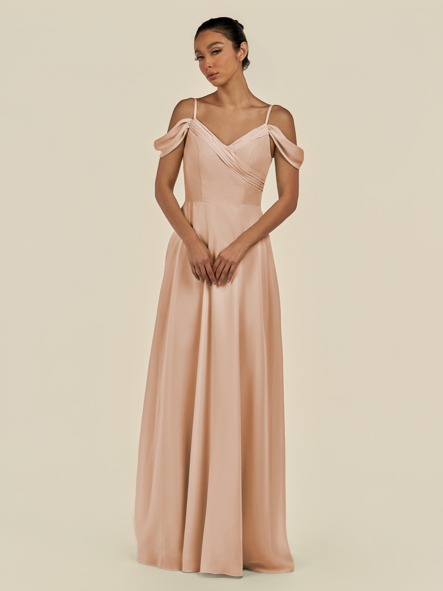 KissDress-Elvani Champagne Rose A Line Chiffon Off the Shoulder Long Bridesmaid Dress with Pleats