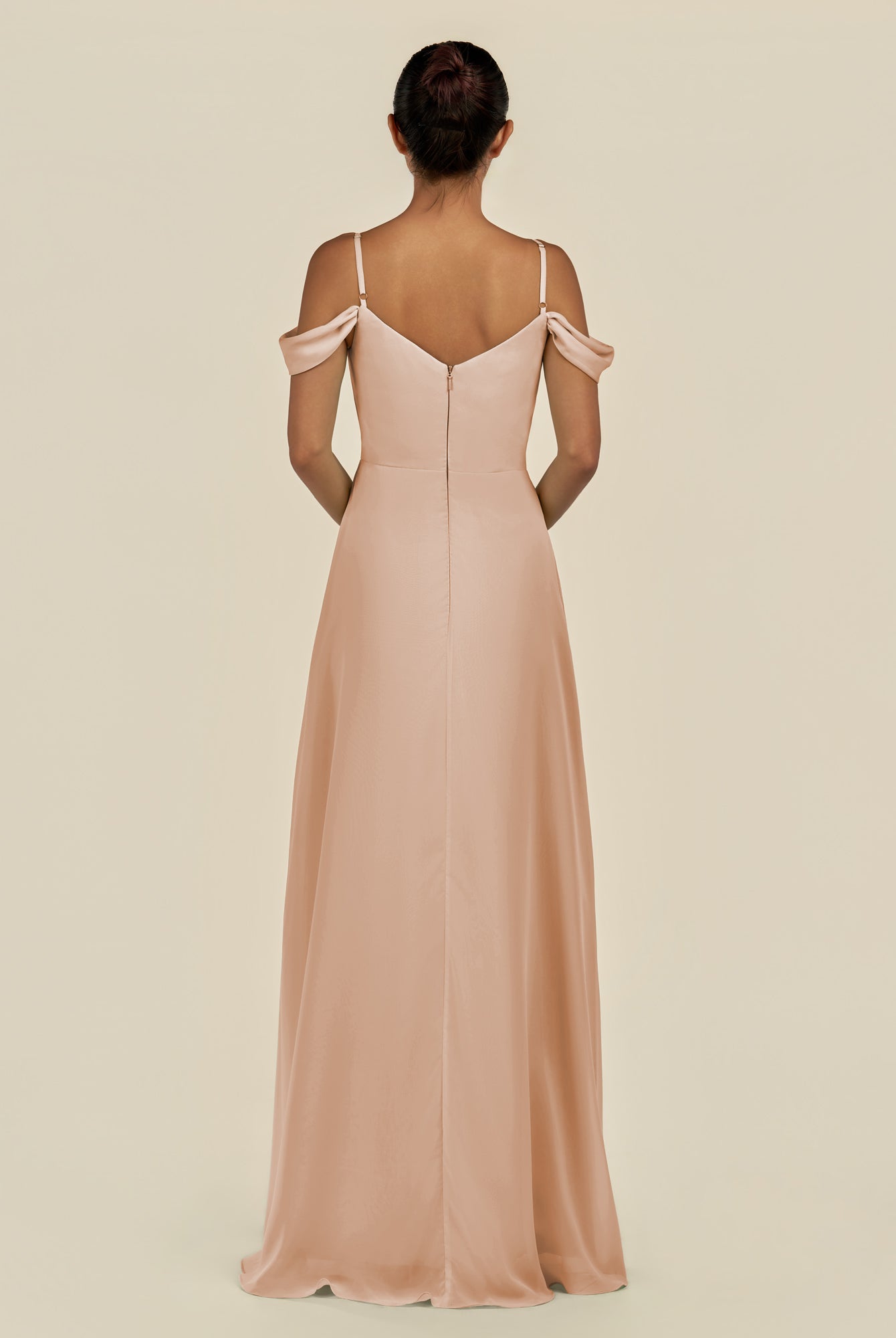 KissDress-Elvani Champagne Rose A Line Chiffon Off the Shoulder Long Bridesmaid Dress with Pleats