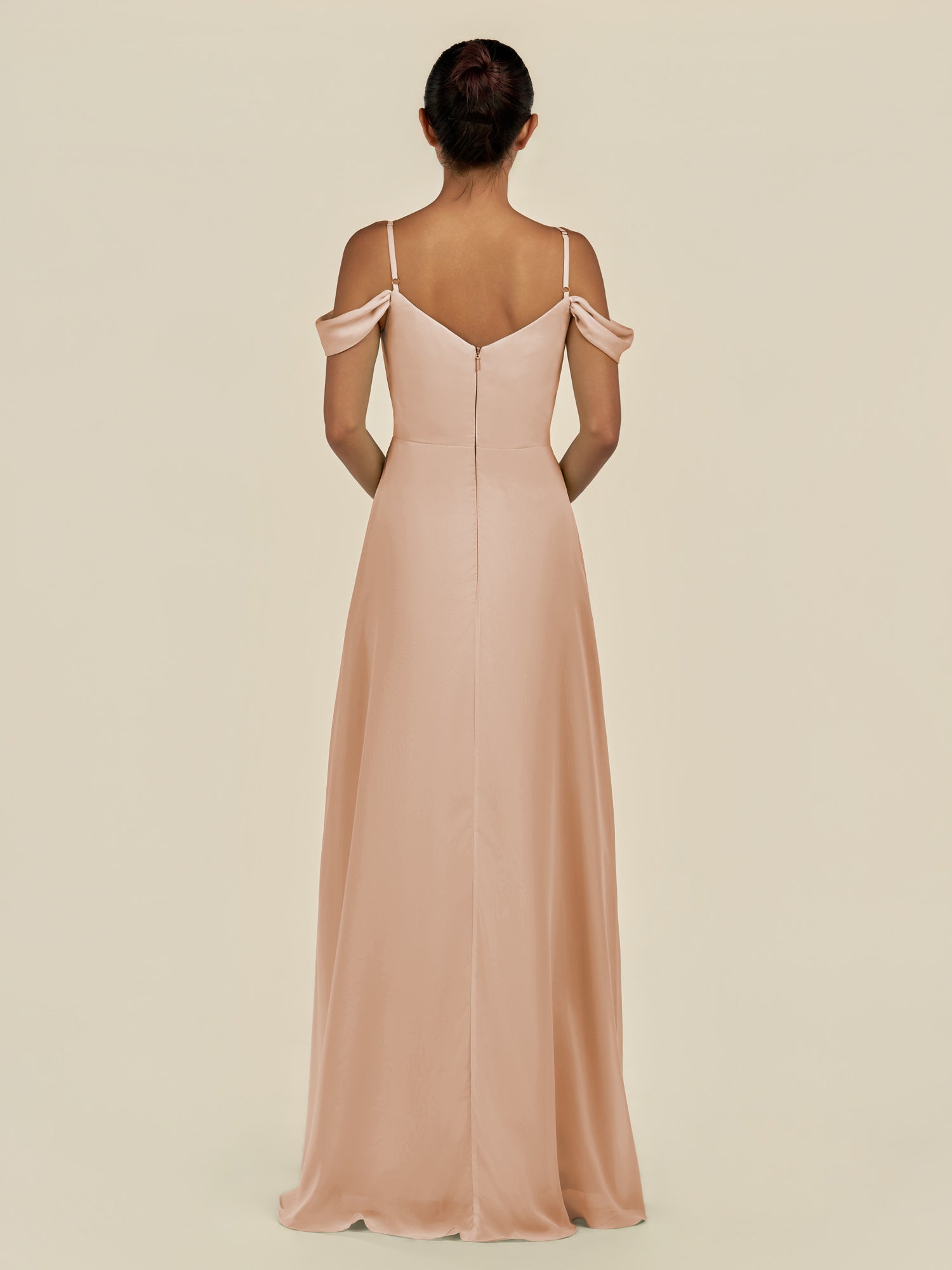 KissDress-Elvani Champagne Rose A Line Chiffon Off the Shoulder Long Bridesmaid Dress with Pleats