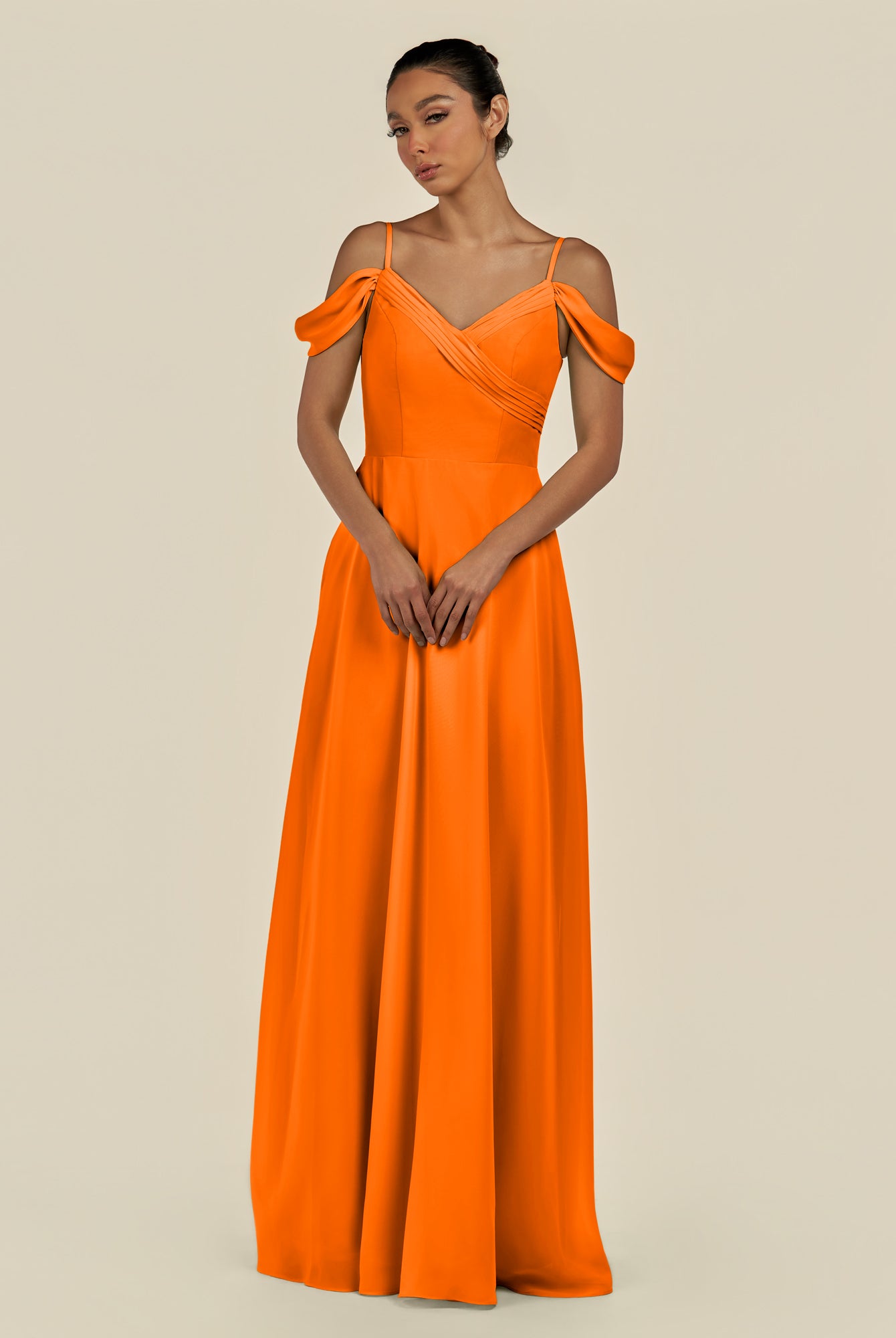 KissDress-Elvani Cinnamon A Line Chiffon Off the Shoulder Long Bridesmaid Dress with Pleats