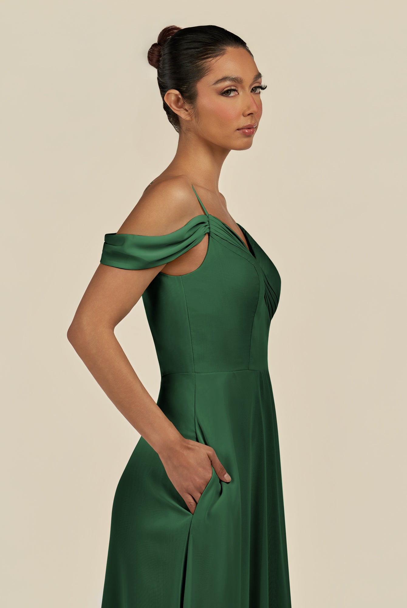KissDress-Elvani Dark Green A Line Chiffon Off the Shoulder Long Bridesmaid Dress with Pleats