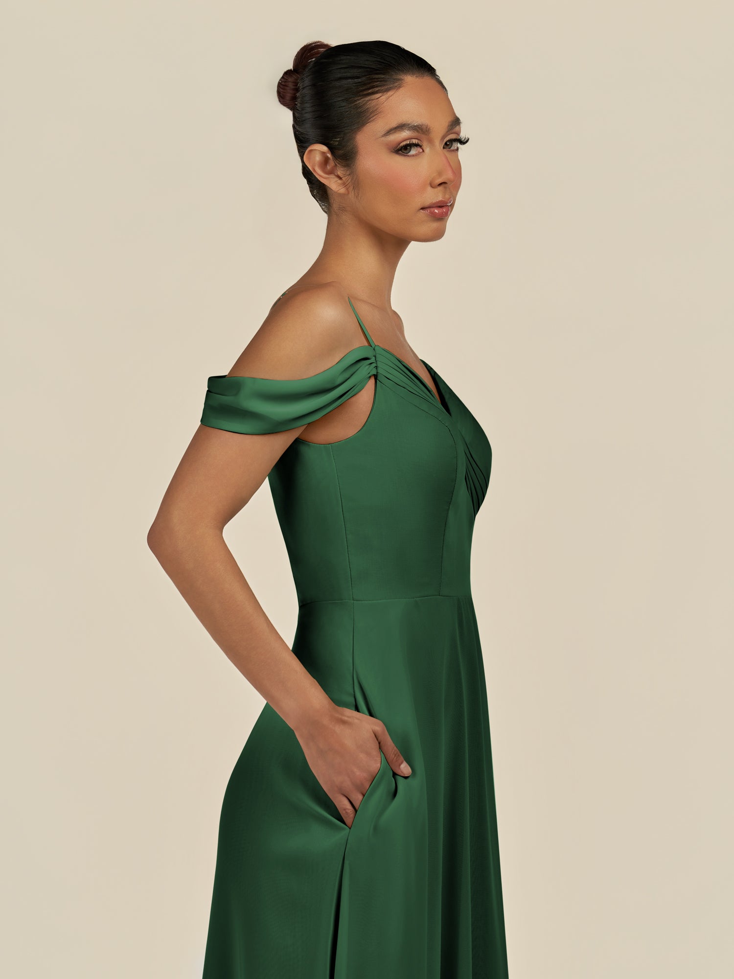 KissDress-Elvani Dark Green A Line Chiffon Off the Shoulder Long Bridesmaid Dress with Pleats