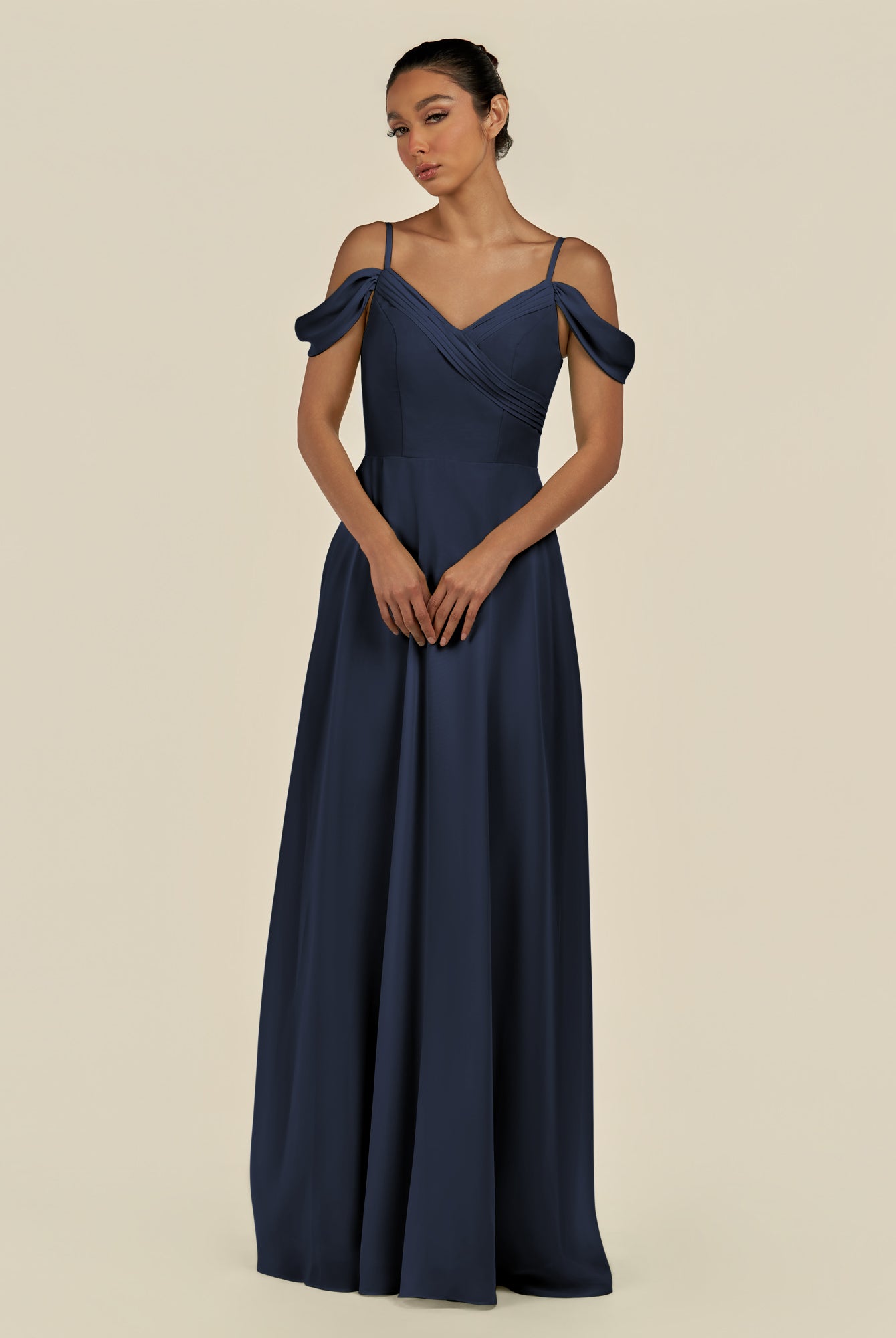 KissDress-Elvani Dark Navy A Line Chiffon Off the Shoulder Long Bridesmaid Dress with Pleats