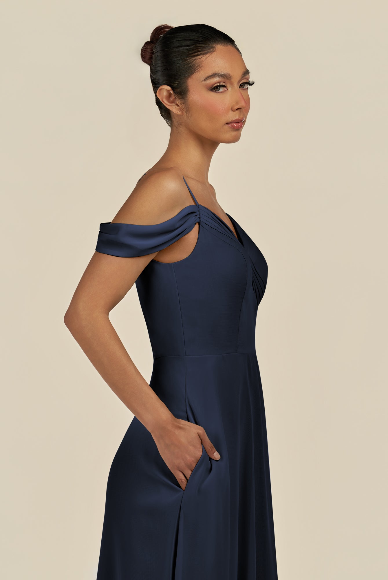 KissDress-Elvani Dark Navy A Line Chiffon Off the Shoulder Long Bridesmaid Dress with Pleats