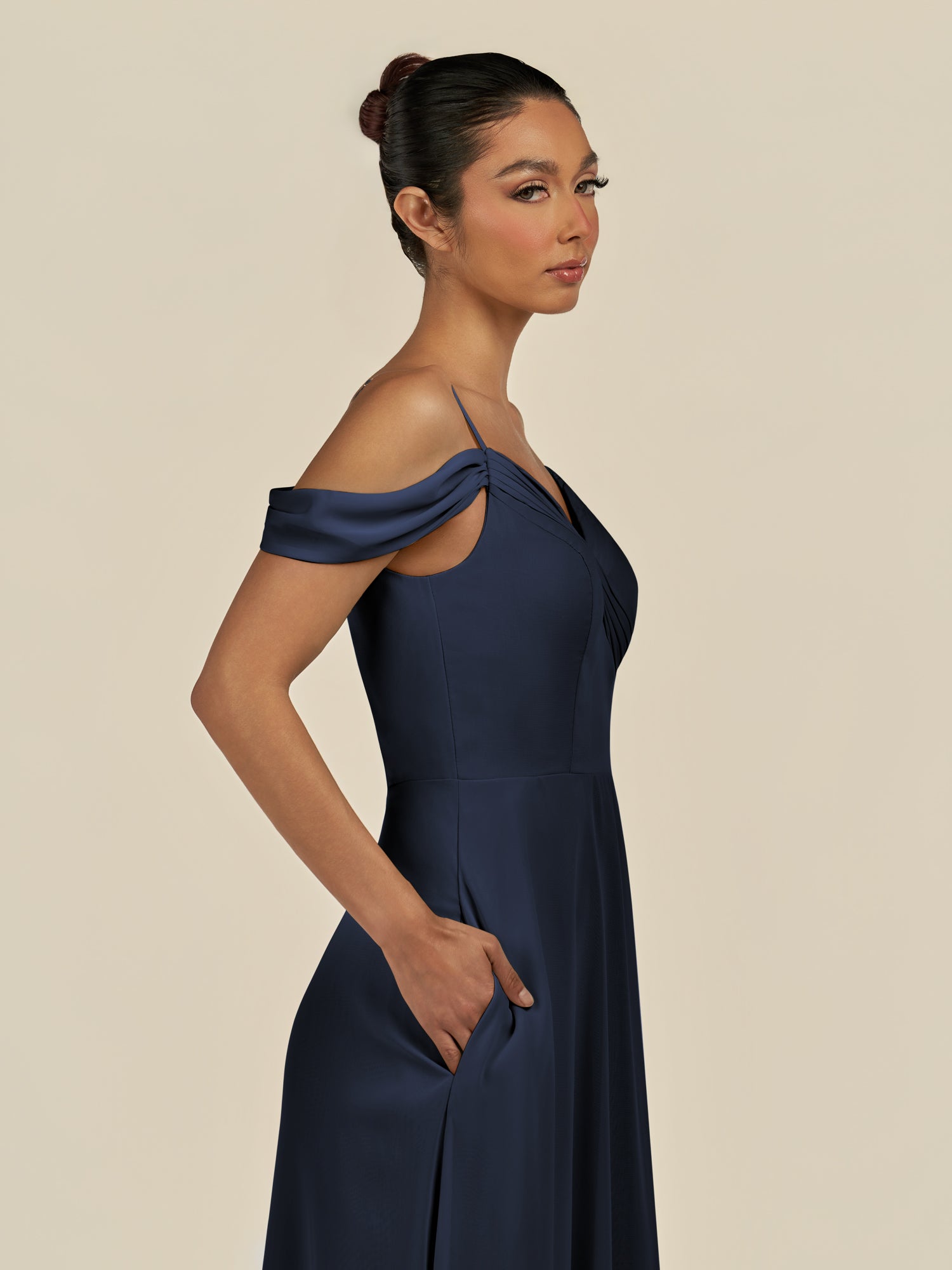 KissDress-Elvani Dark Navy A Line Chiffon Off the Shoulder Long Bridesmaid Dress with Pleats
