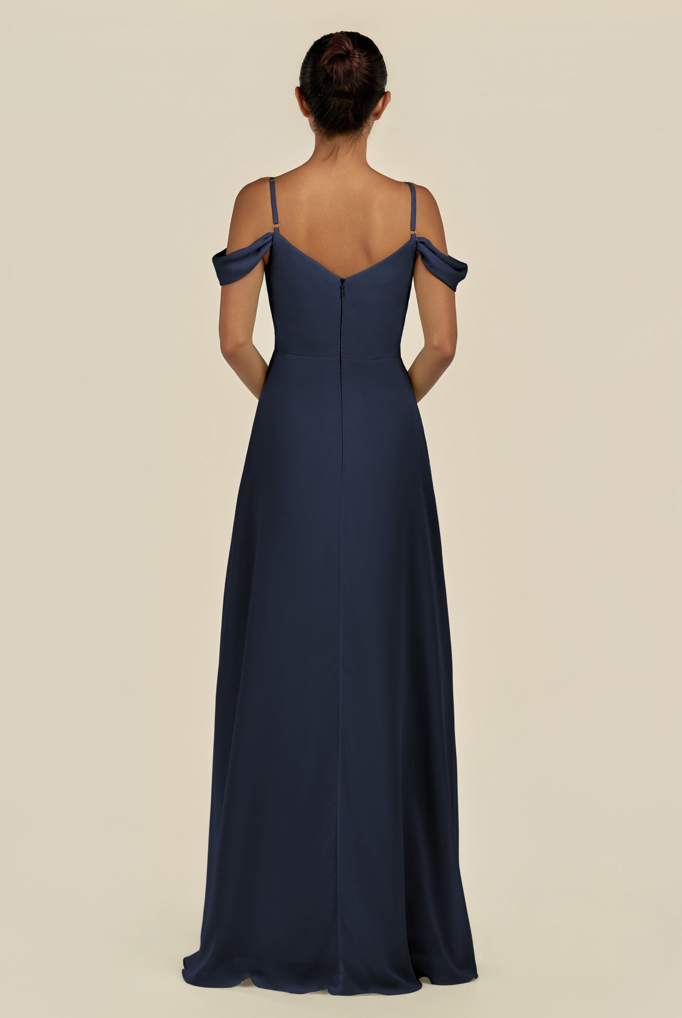 KissDress-Elvani Dark Navy A Line Chiffon Off the Shoulder Long Bridesmaid Dress with Pleats