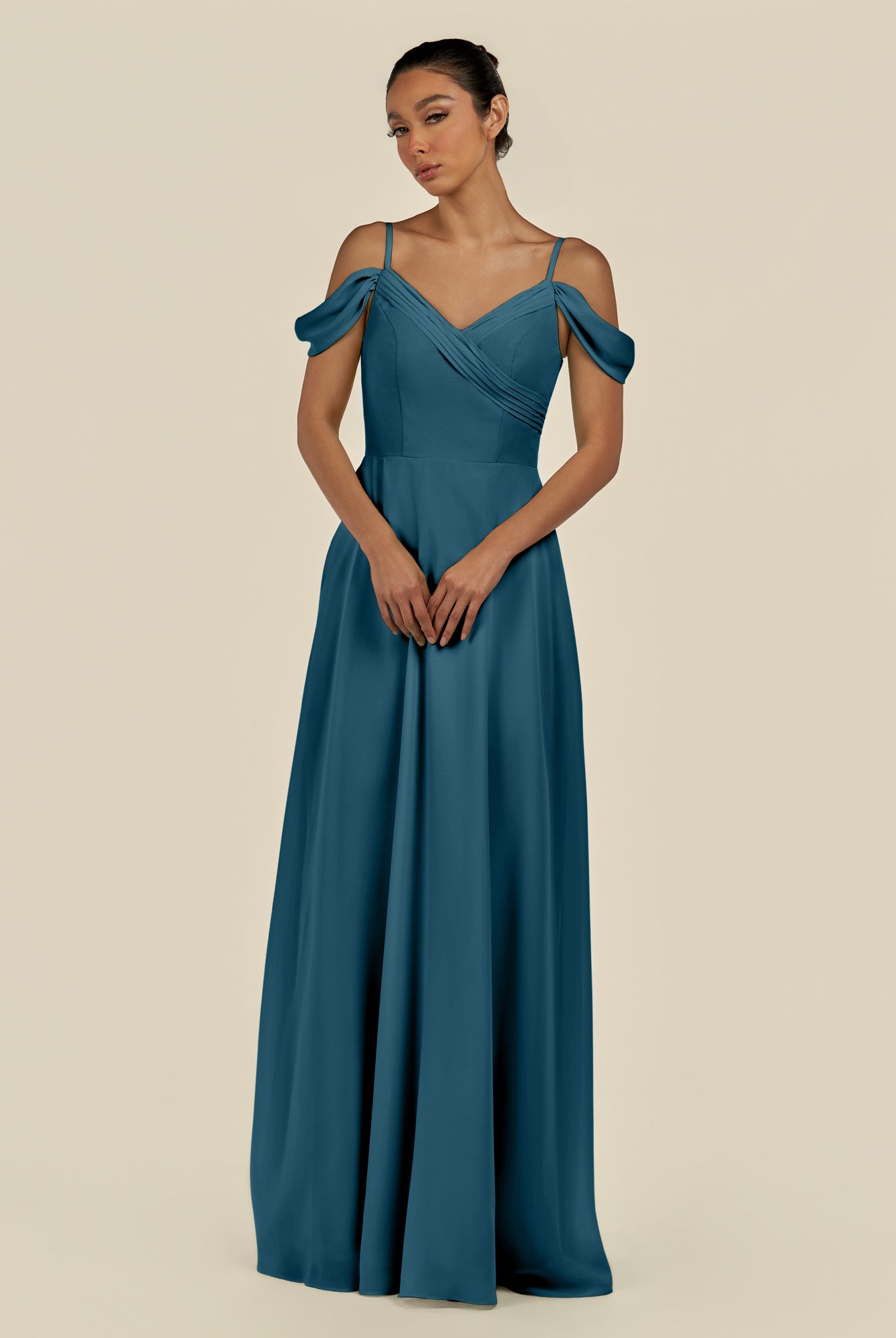 KissDress-Elvani Dark Teal A Line Chiffon Off the Shoulder Long Bridesmaid Dress with Pleats