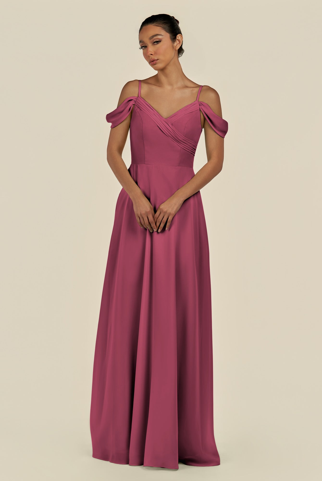 KissDress-Elvani Desert Rose A Line Chiffon Off the Shoulder Long Bridesmaid Dress with Pleats