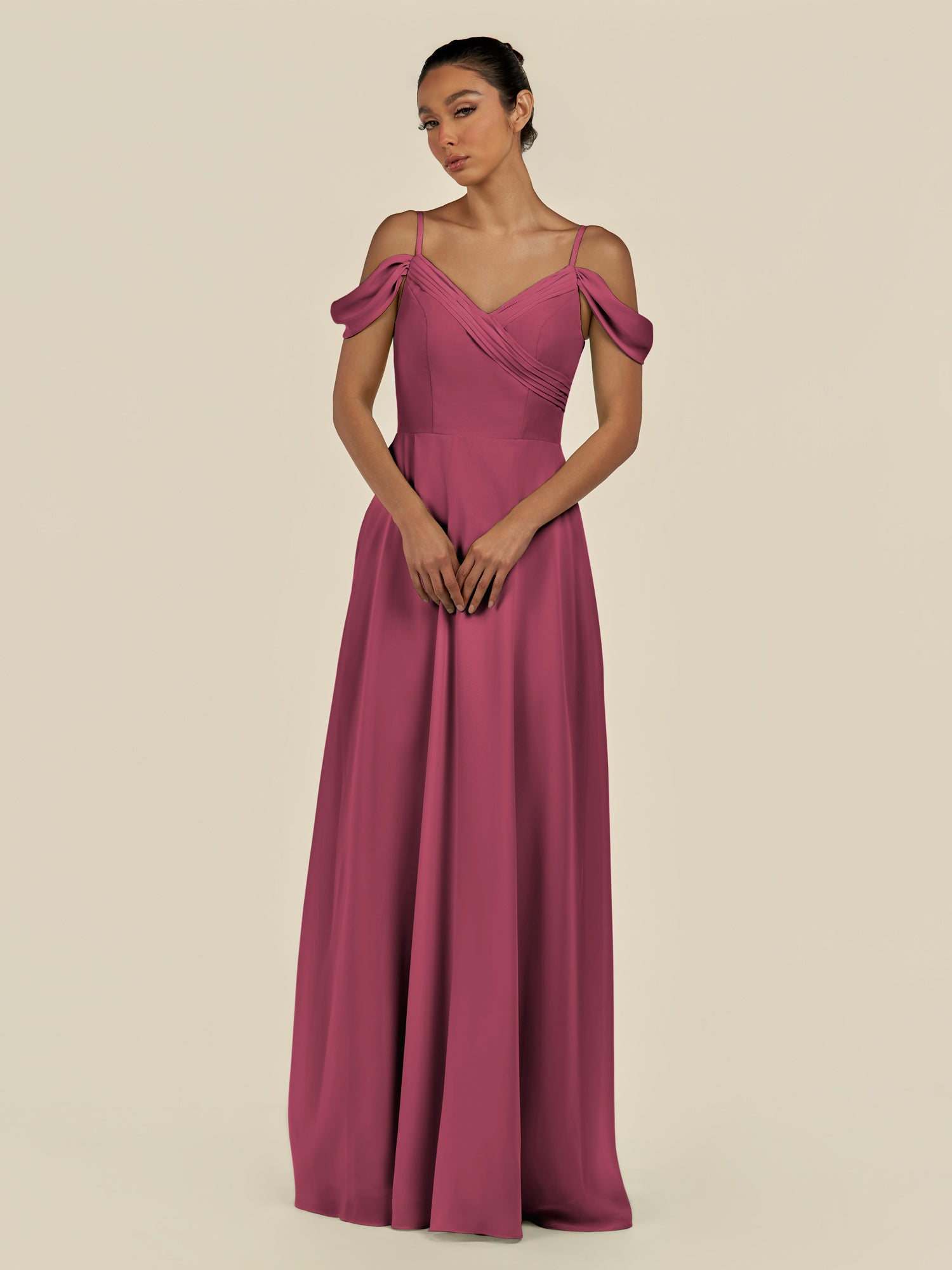 KissDress-Elvani Desert Rose A Line Chiffon Off the Shoulder Long Bridesmaid Dress with Pleats