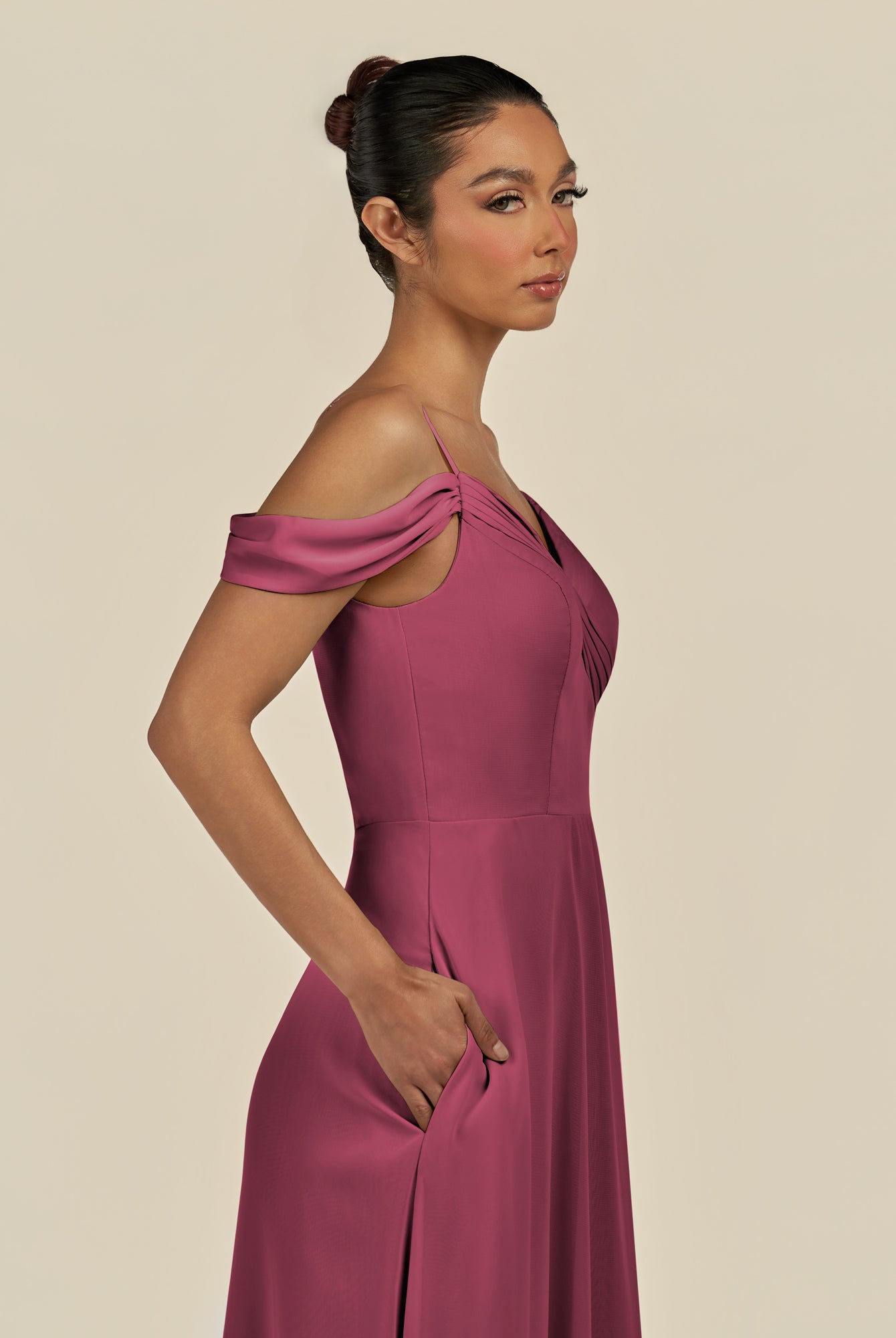 KissDress-Elvani Desert Rose A Line Chiffon Off the Shoulder Long Bridesmaid Dress with Pleats