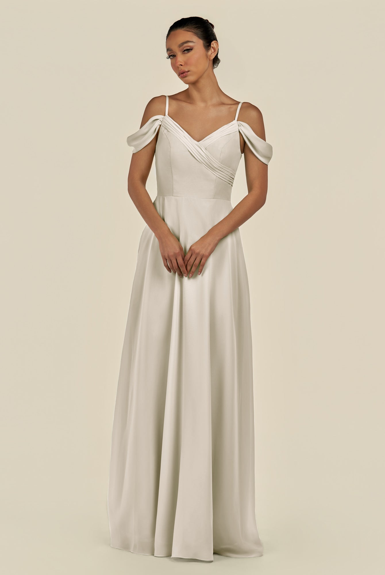 KissDress-Elvani Dove Gray A Line Chiffon Off the Shoulder Long Bridesmaid Dress with Pleats
