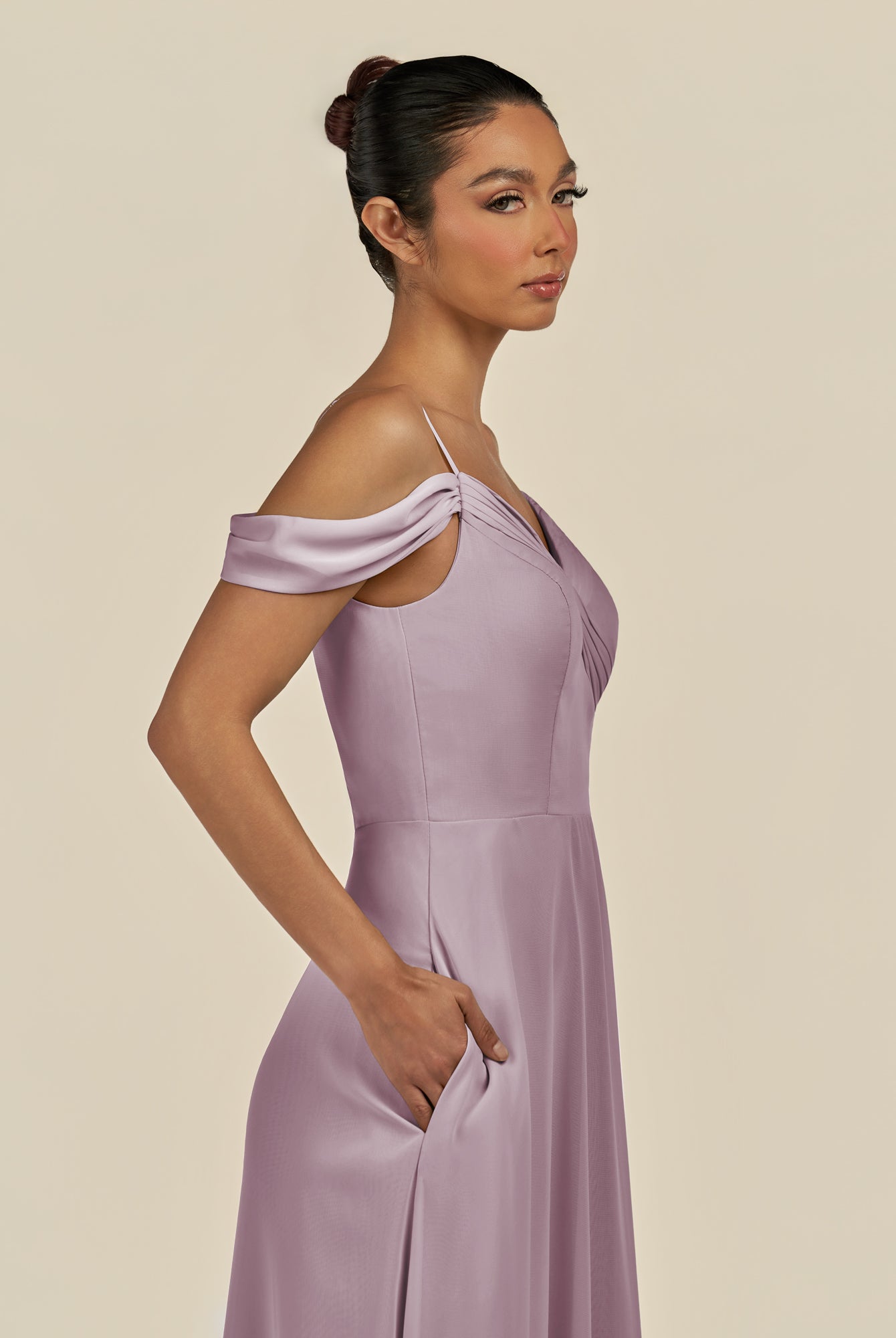 KissDress-Elvani Dusk A Line Chiffon Off the Shoulder Long Bridesmaid Dress with Pleats