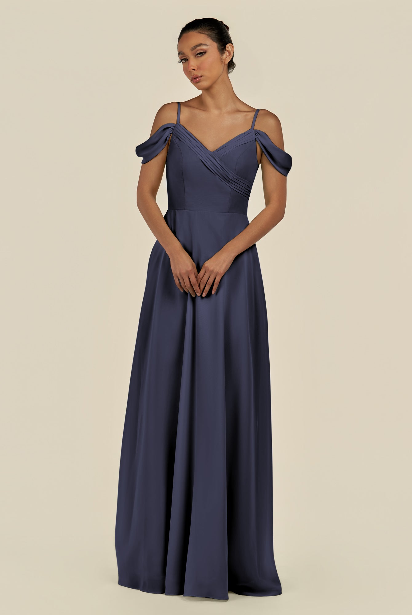 KissDress-Elvani Dusk Blue A Line Chiffon Off the Shoulder Long Bridesmaid Dress with Pleats