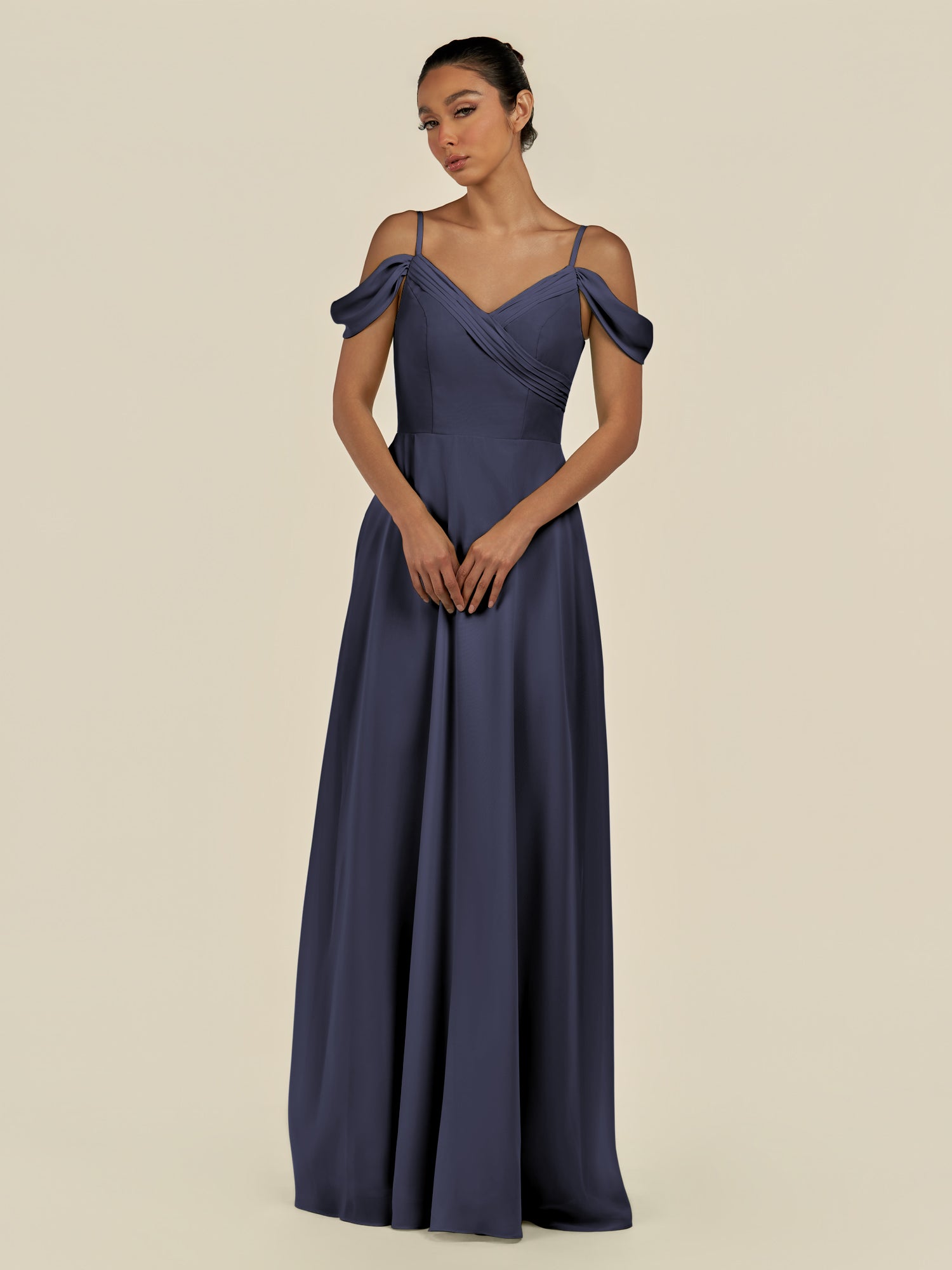 KissDress-Elvani Dusk Blue A Line Chiffon Off the Shoulder Long Bridesmaid Dress with Pleats