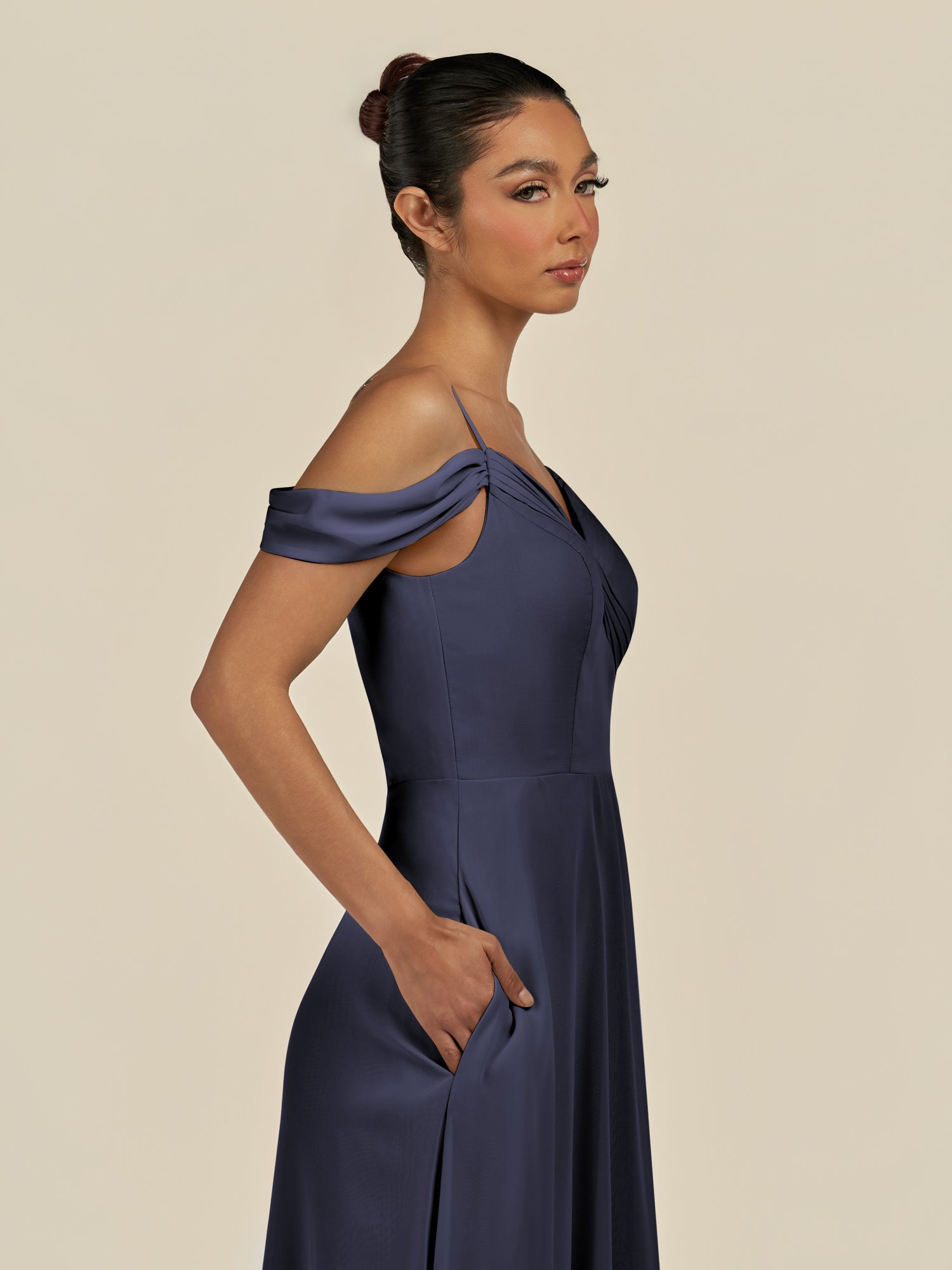 KissDress-Elvani Dusk Blue A Line Chiffon Off the Shoulder Long Bridesmaid Dress with Pleats