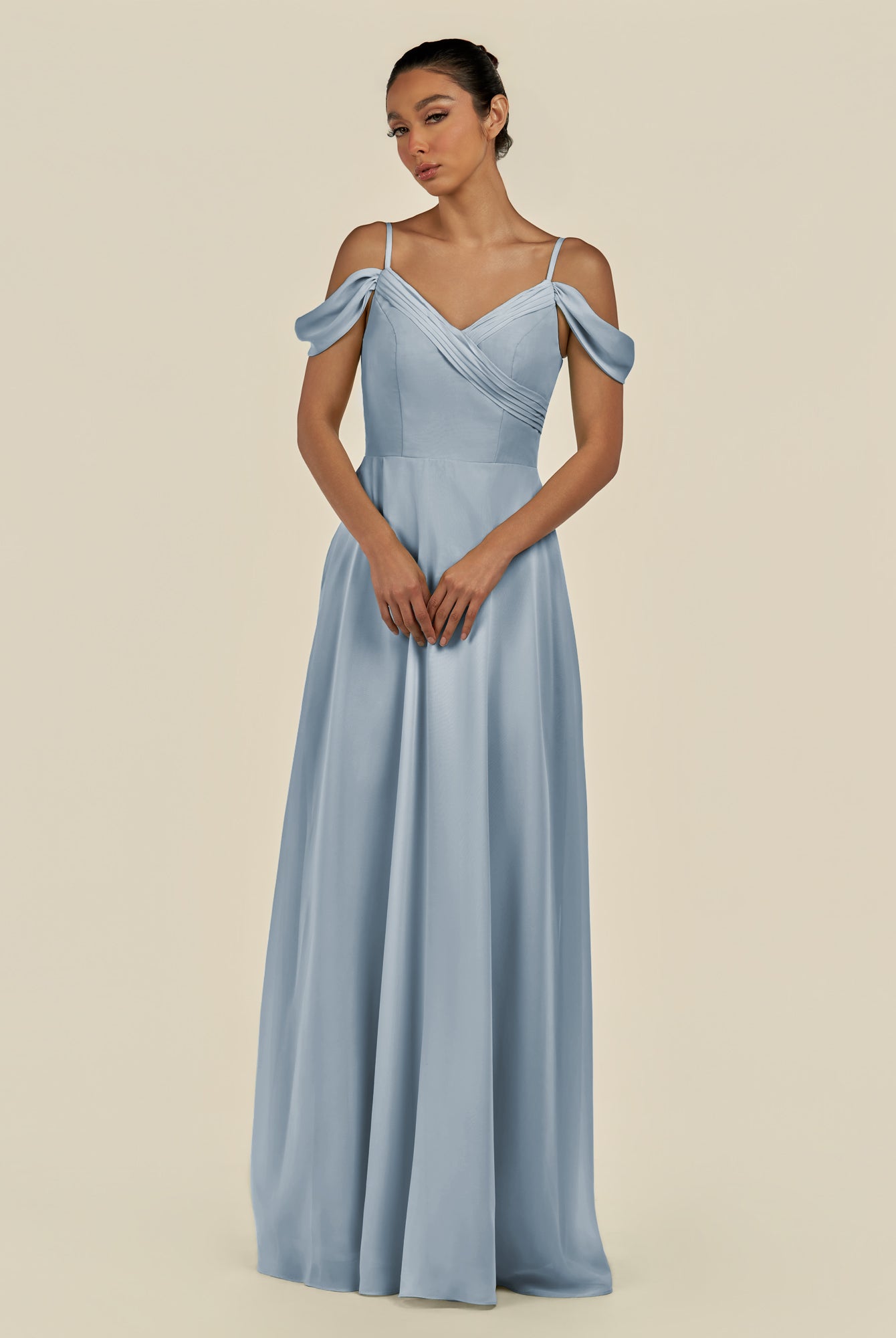 KissDress-Elvani Dusty Blue A Line Chiffon Off the Shoulder Long Bridesmaid Dress with Pleats