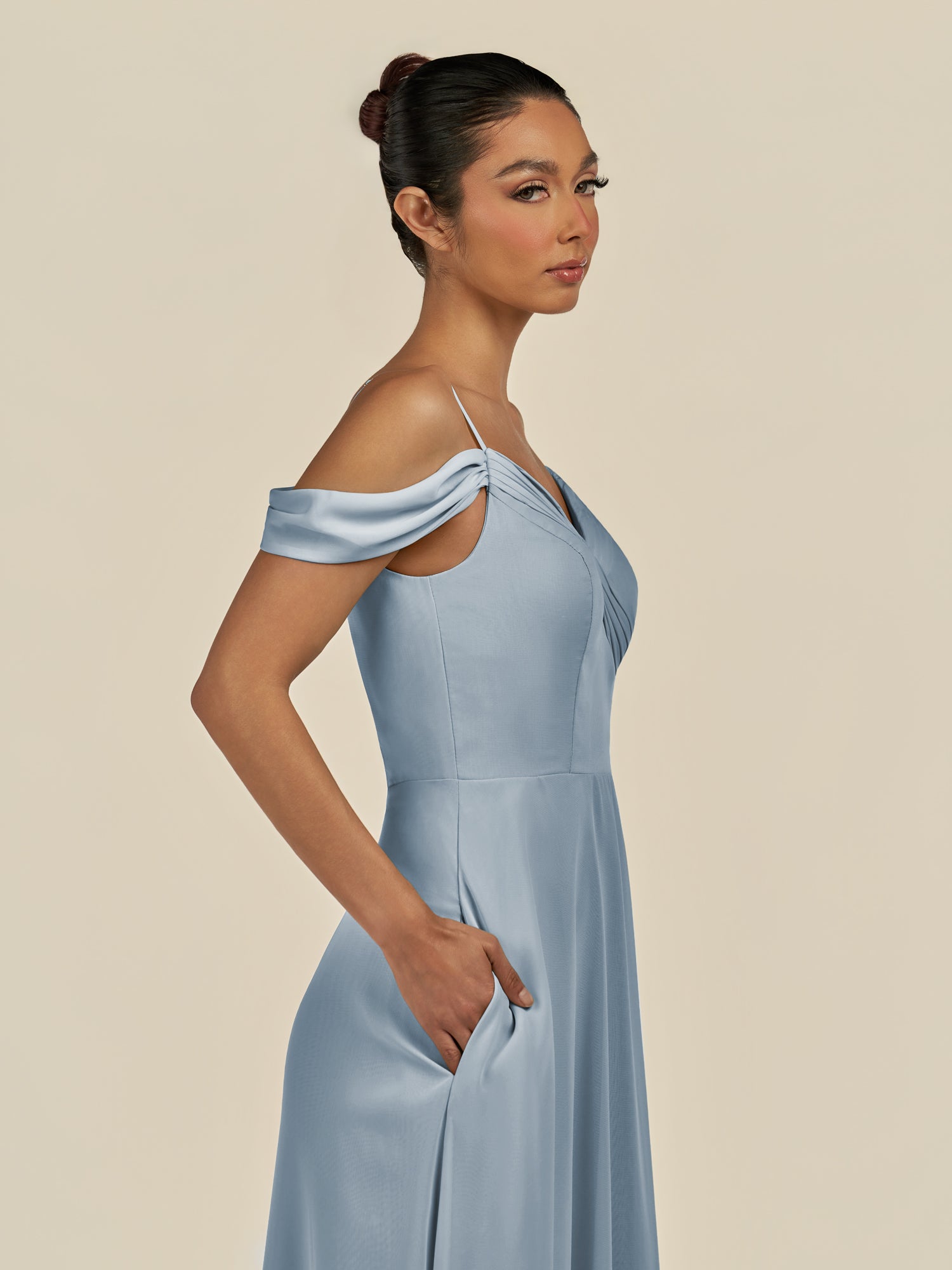 KissDress-Elvani Dusty Blue A Line Chiffon Off the Shoulder Long Bridesmaid Dress with Pleats